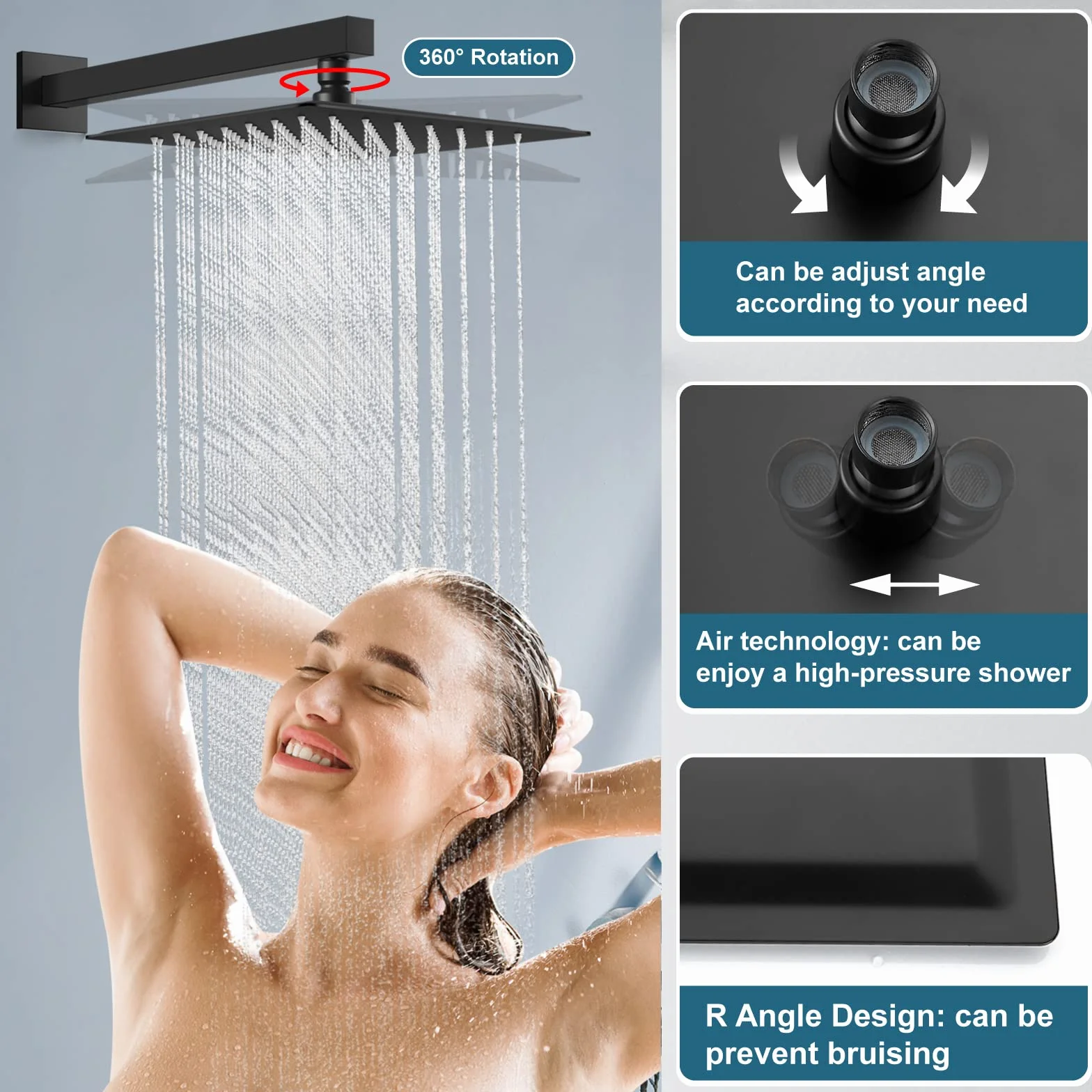 10-calowy matowy czarny system natryskowy z deszczownicą, zestaw baterii do wanny i natrysku, kwadratowa deszczownica, głowica natryskowa z ręczną wylewką, zestaw baterii do wanny montowany na ścian