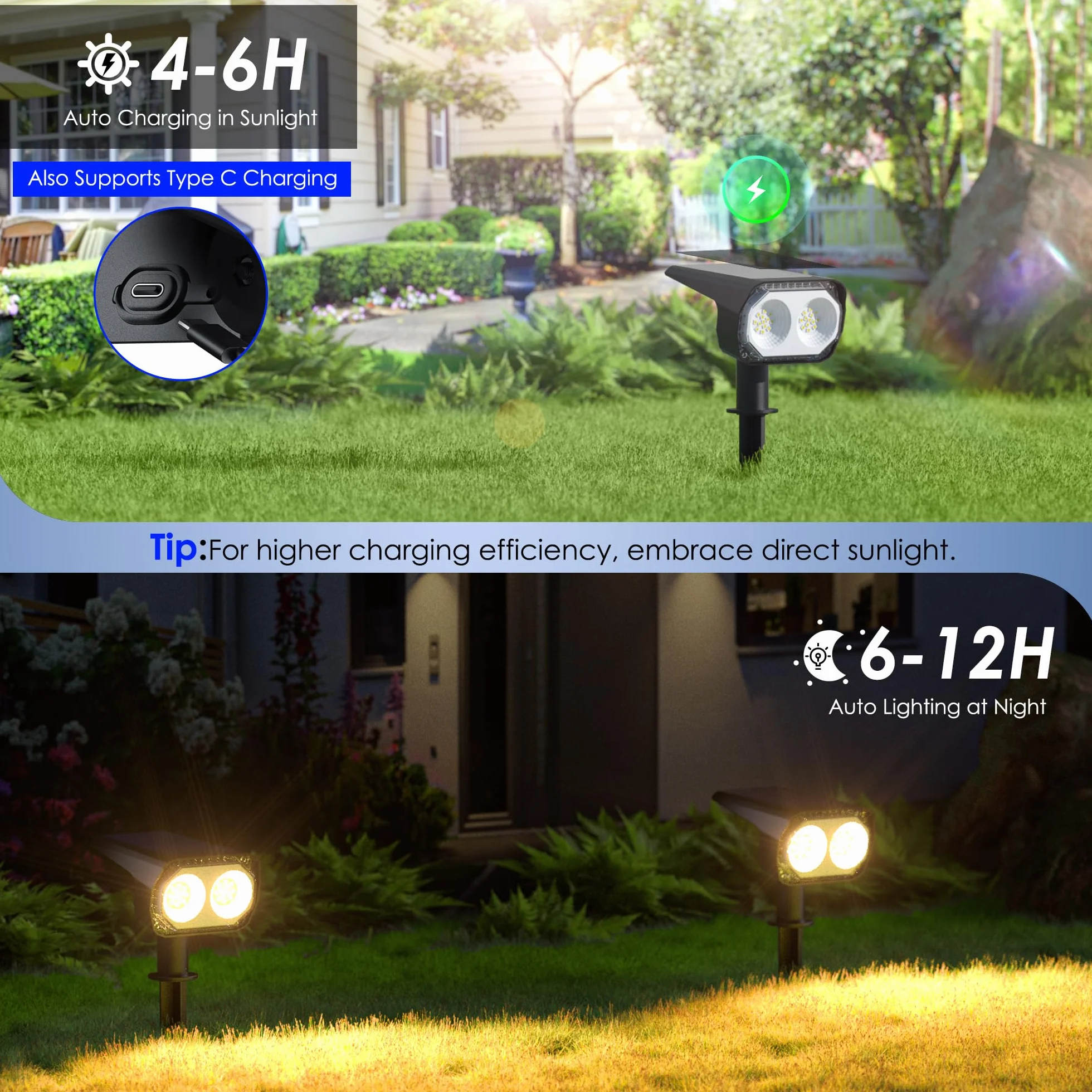Zestaw 4 reflektorów zewnętrznych LED Quntis 26LEDs, wodoodporne zewnętrzne oświetlenie słoneczne IP65 z 3 kolorami i 6 trybami, kabel ładujący USB C, zewnętrzny reflektor słoneczny