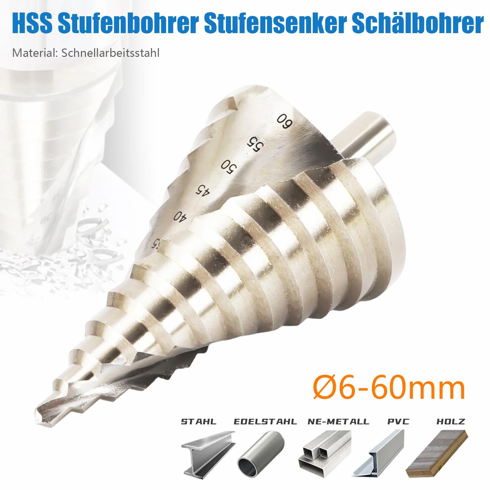 Wiertło stopniowe 6-60 mm HSS rowek spiralny wiertło do metalu do płyt żelaznych, płyt PCW, płyt izolacyjnych itp