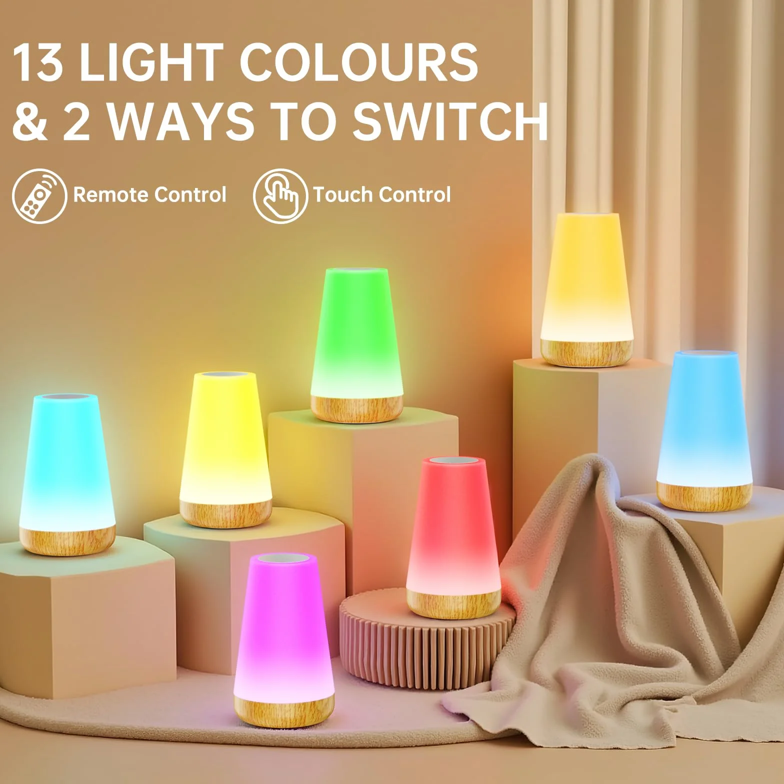 Lampka Nocna Led, Taipow Regulowana Dotykowa Lampa Stołowa z Pilotem Zdalnego Sterowania i 13 Kolorów i 3 Tryby, Lampki Nocne dla Dzieci do Sypialni/Salonu, ładowanie USB