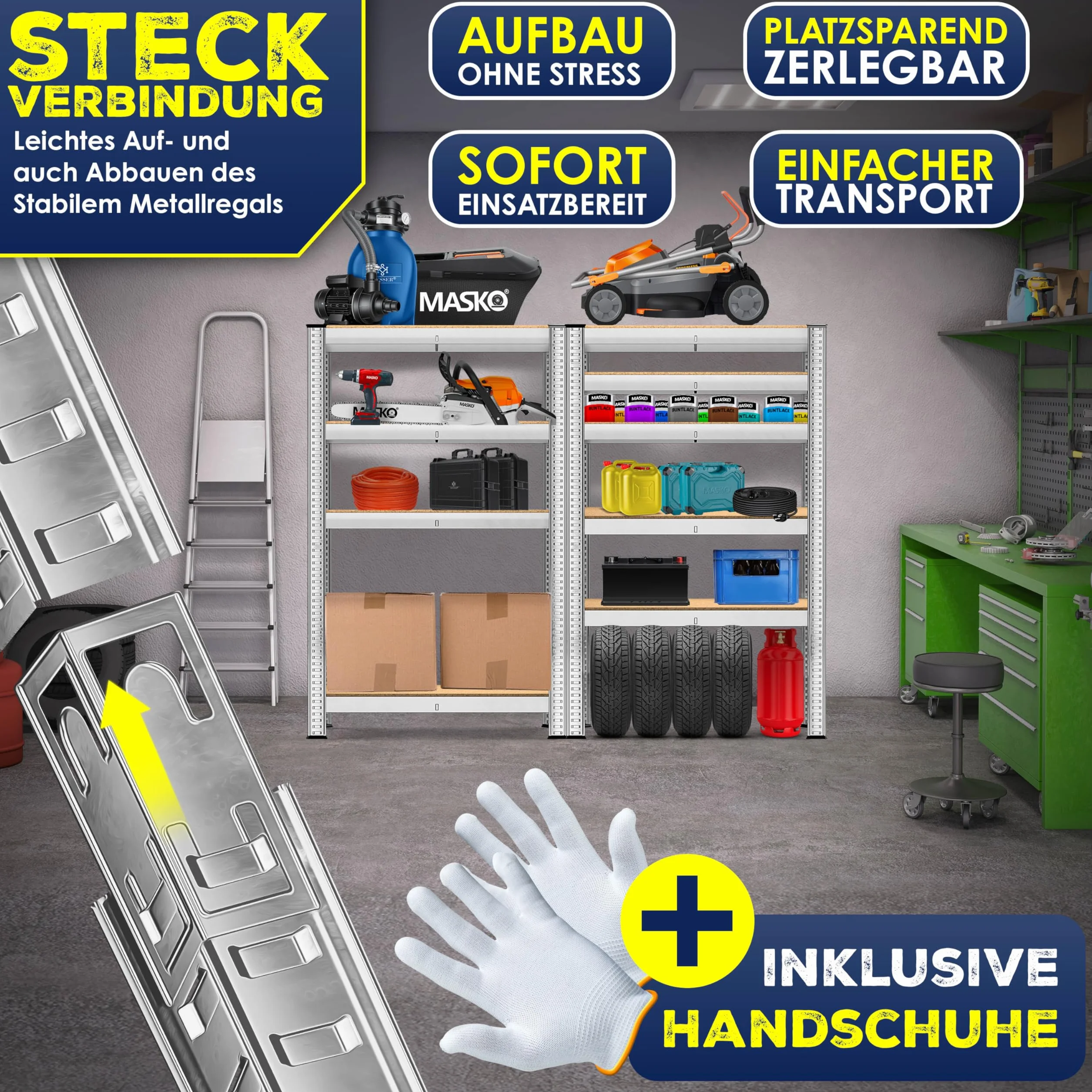 MASKO® Zestaw 2 regałów magazynowych do dużych obciążeń, regały piwniczne, nośność do 875 kg, 5 regulowanych półek, płyty MDF Regały metalowe, regały bez śrub, regały warsztatowe, piwnica, garaż