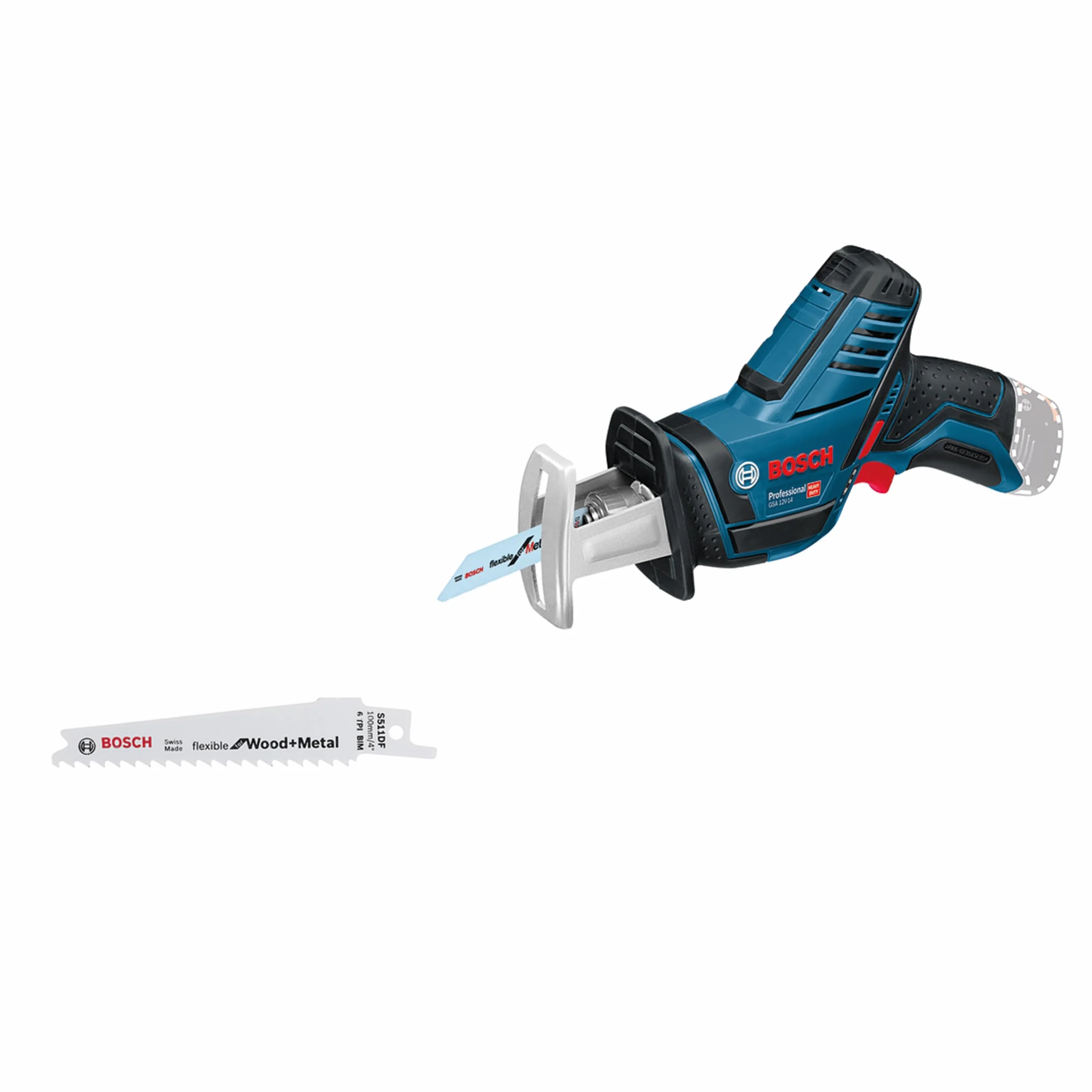 Bosch Professional system 12V: akumulatorowa piła szablasta GSA 12V-14 (głęb. cięcia w drewnie/profilach metalowych: 65/50 mm, 2 brzeszczoty)