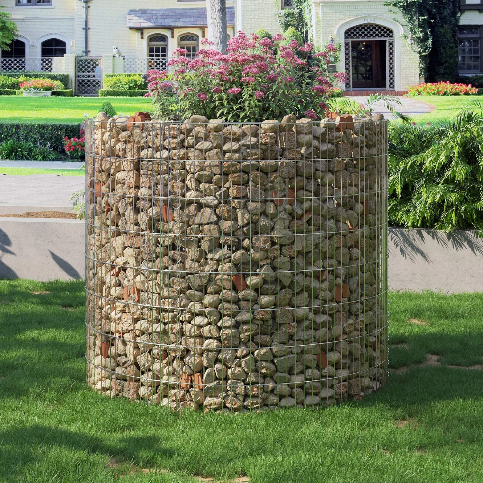 SONGMICS gabion, okrągły, kosz gabionowy, metalowy kosz na kamienie, siatka o małych oczkach 2,5 x 10 cm, ogrodzenie z drutu ze stali ocynkowanej, nierdzewne, 90 x 80 cm (Ø x W), srebrny GGB879