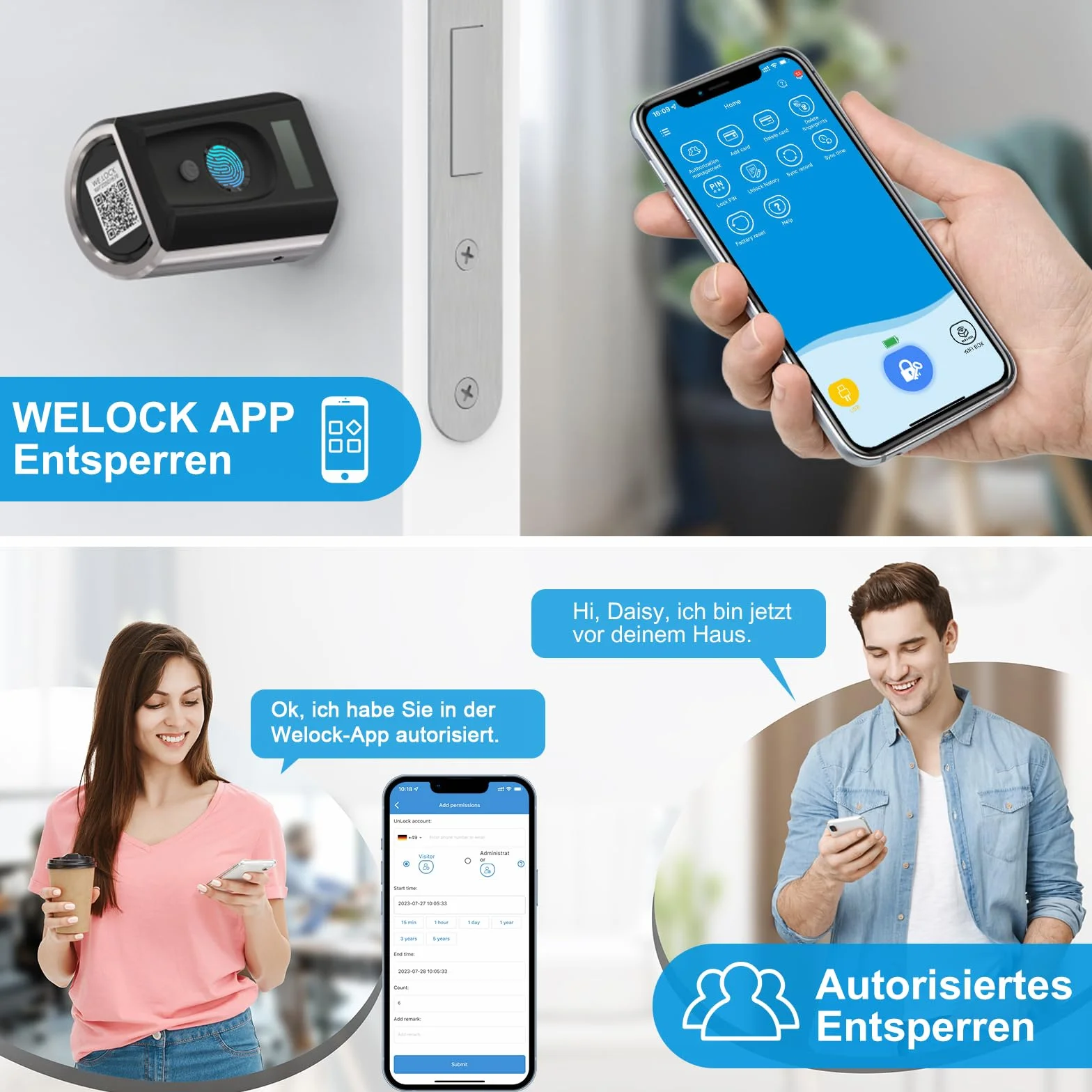 WELOCK Touch41 zamki do drzwi elektroniczne z odciskiem palca, otwieracz wejściowy z aplikacją, karta RFID, WiFi, IP65, regulowany, 50-100 mm