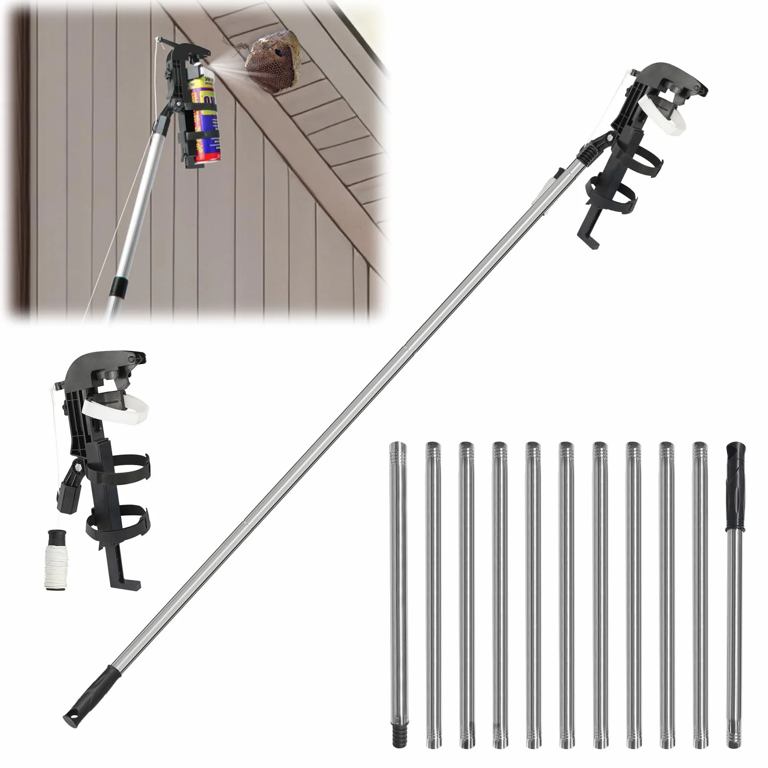 Adapter do puszek z rozpylaczem, uchwyt na puszki z rozpylaczem, rozszerzona wersja z drążkiem teleskopowym 3,6 m, gwint 3/4", przedłużka puszki z rozpylaczem, regulowany kąt, drążek natryskowy do os