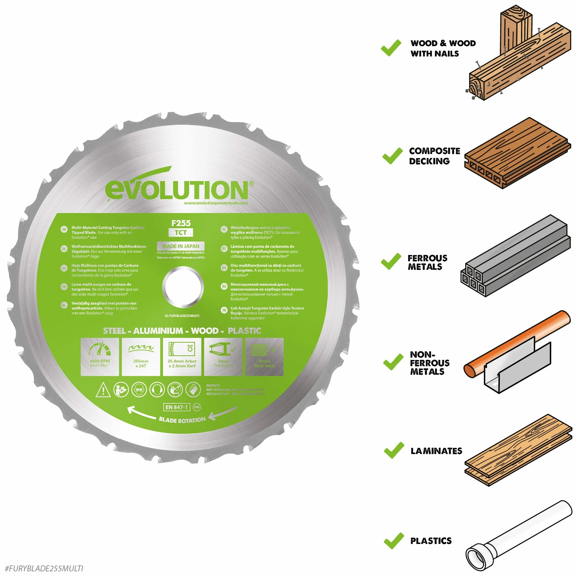 Evolution Power Tools Tarcza do cięcia wielu materiałów F255TCT - 24T (Fury) TCT 255 mm z zębami tnie drewno, metal, plastik i nie tylko