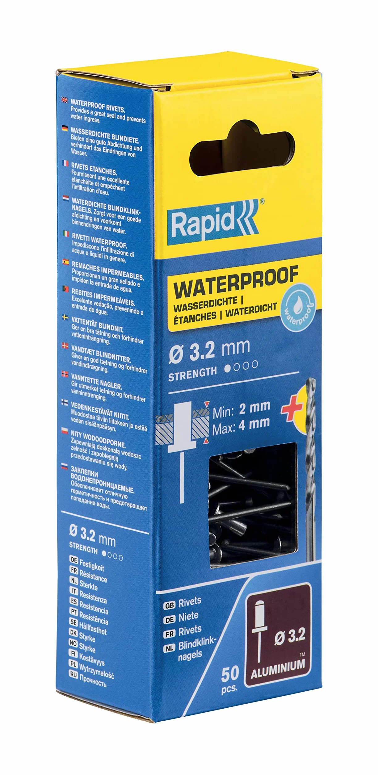 Rapid Nity zrywalne wodoszczelne Ø 3,2 mm, zakres zacisku 2-4 mm, 50 szt. nity aluminiowe, zestaw zawiera wiertła, do szczypiec nitowniczych