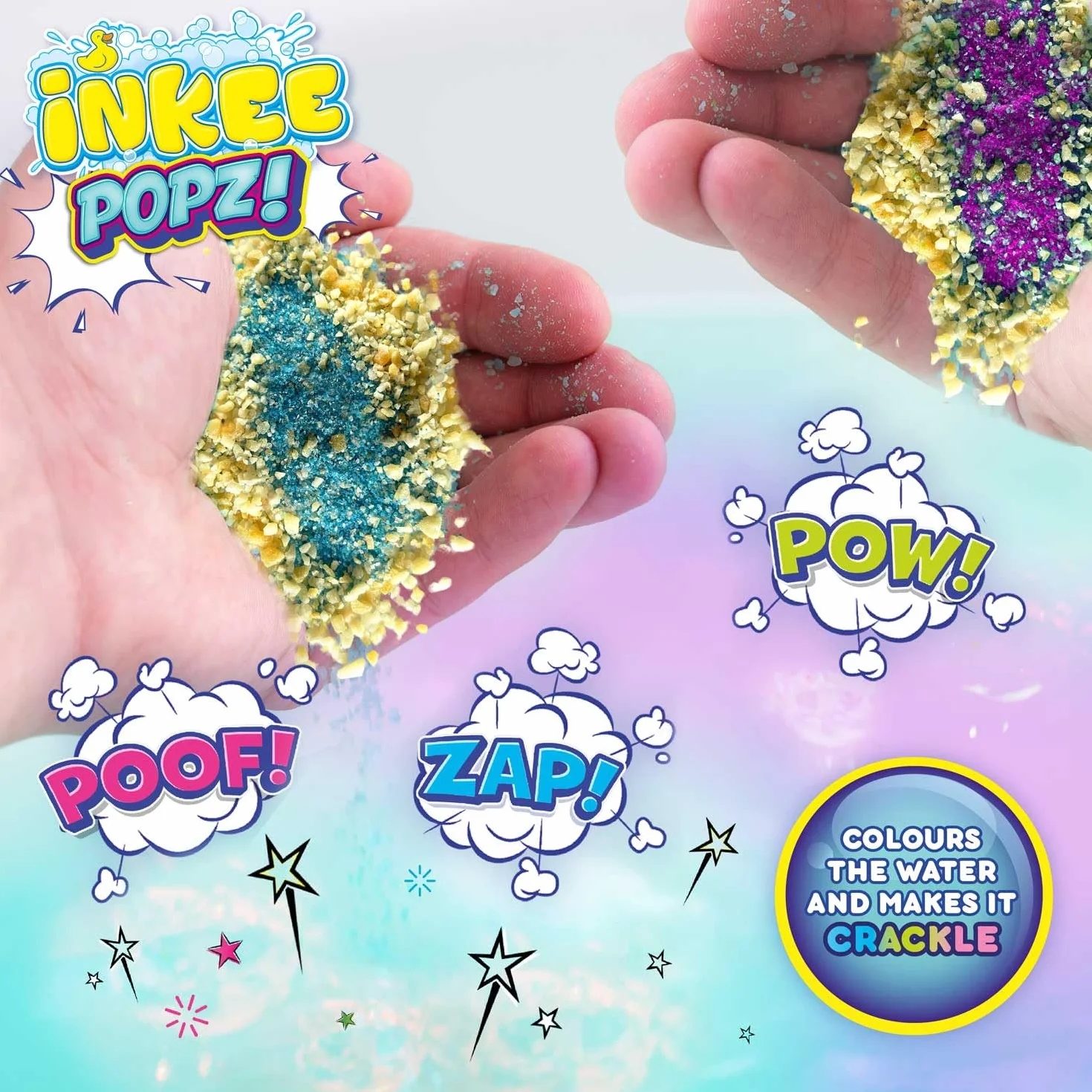 INKEE POPZ | Musująca Sól do Kąpieli dla Dzieci – Kolorowy Dodatek do Kąpieli w Różu, Niebieskim lub Zielonym z Olejem Migdałowym i Aromatem Popcornu, Saszetka 15g – Zabawa podczas Kąpieli