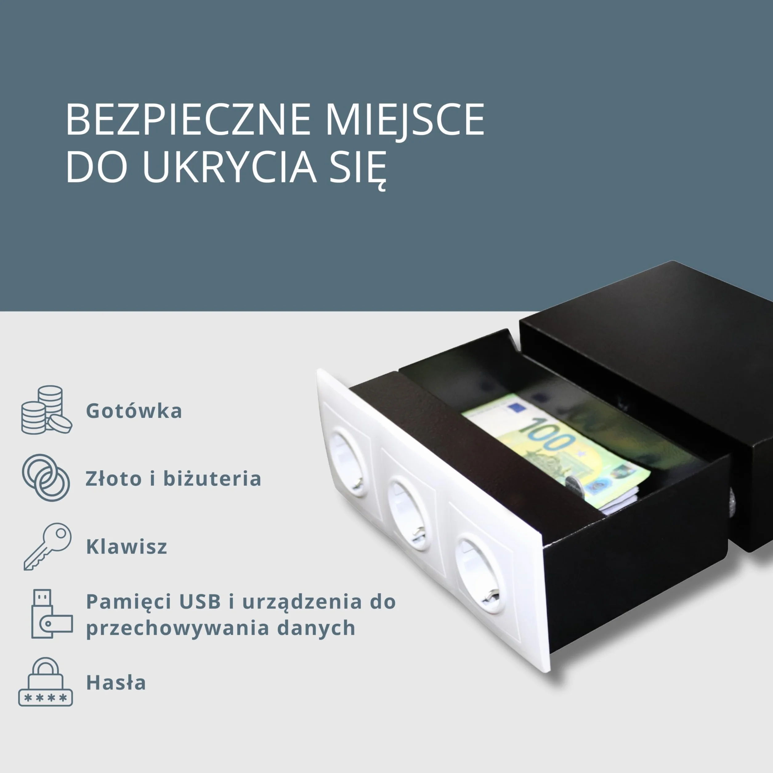 Sejf z gniazdami wtykowymi, z atrapą 3 gniazd, magnetyczna osłona i specjalny zamek, sejf ścienny do niewidocznego przechowywania, tajna kieszeń na pieniądze, zegarki i biżuterię (biały)