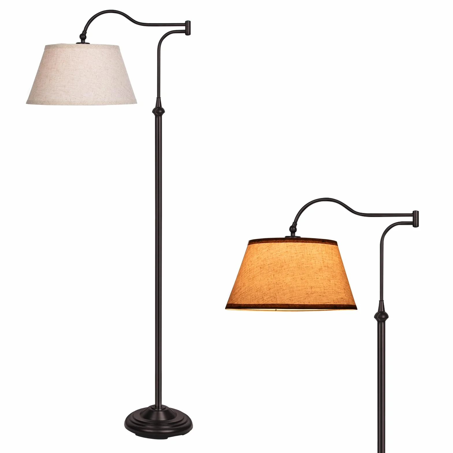 Lampa podłogowa z ramieniem obrotowym, lampy podłogowe łukowe z regulowanym ramieniem o zakresie 180° do salonu, lampa stojąca w stylu mid-century z lnianym kloszem, wysokie lampy do sypialni, salonu