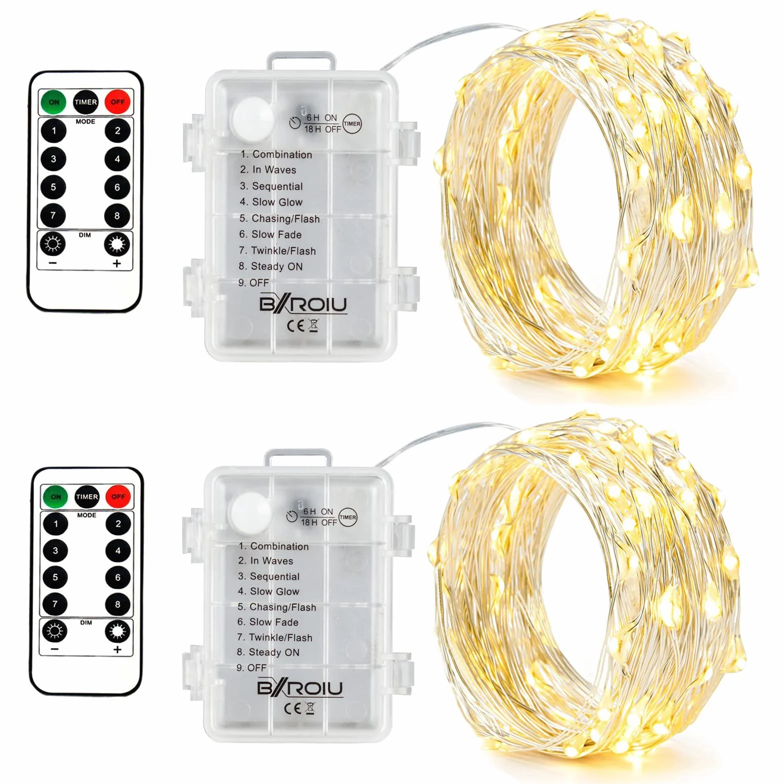BXROIU Łańcuch świetlny LED na baterie, srebrny drucik, 2 × 50 diod mikro LED, 8 trybów świecenia z pilotem i funkcją timera, dekoracyjne lampki do wnętrz i na zewnątrz (ciepła biel)