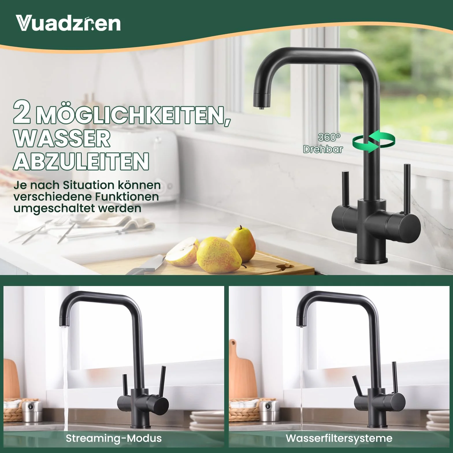 Bateria zlewozmywakowa, kran kuchenny, bateria kuchenna 3-drożna bateria kuchenna armatura zlewozmywakowa armatura zlewozmywakowa wylewka wody pitnej z 2 dźwigniami obracana o 360° (czarna)
