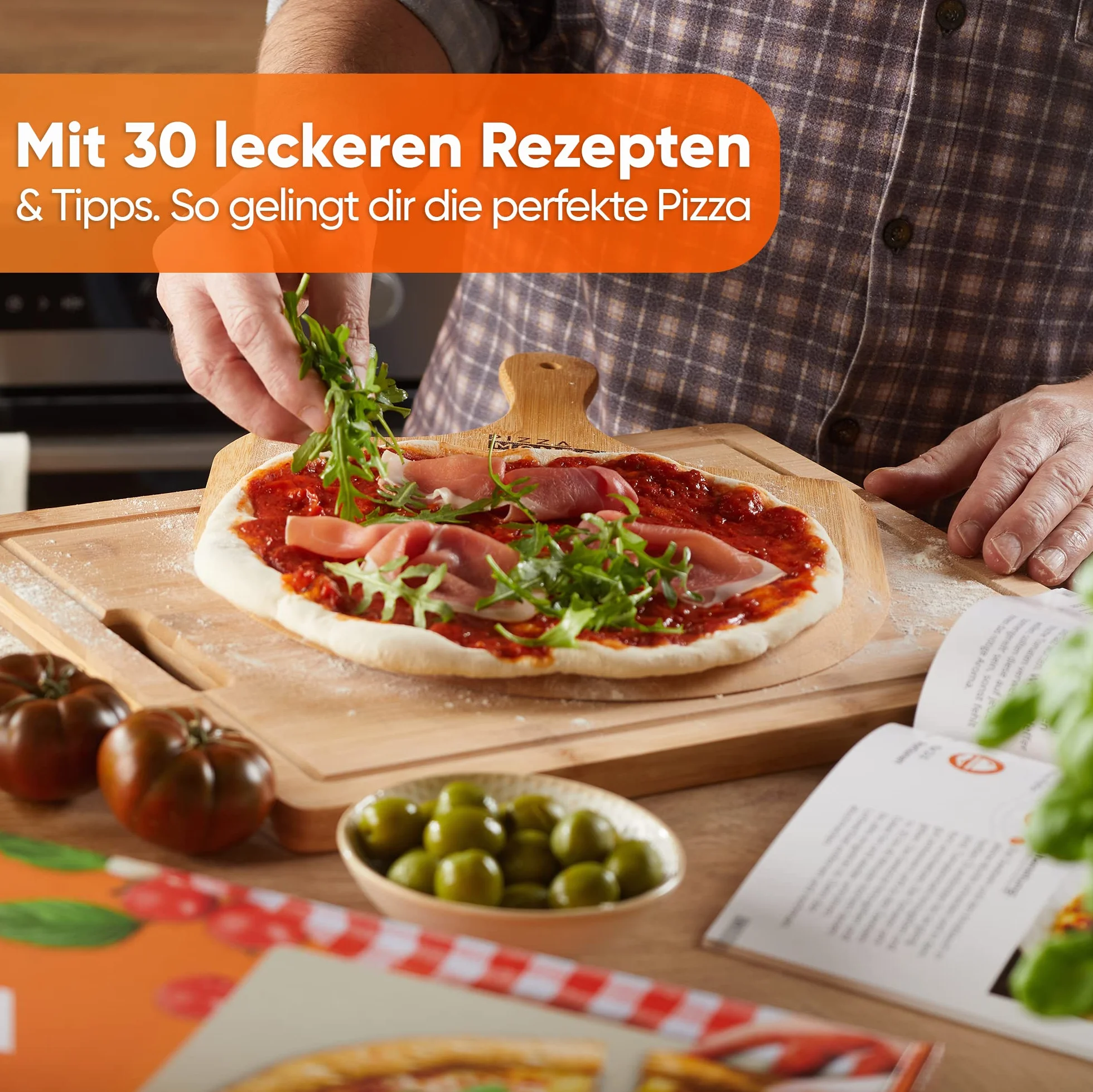 Pizza Mondo® kamień do pizzy do piekarnika, grilla i grilla gazowego (w zestawie łopatka do pizzy i książka z przepisami), oryginalny piecyk do pizzy dzięki najlepszej jakości – kamień do pieczenia prostokątny 1,5 cm