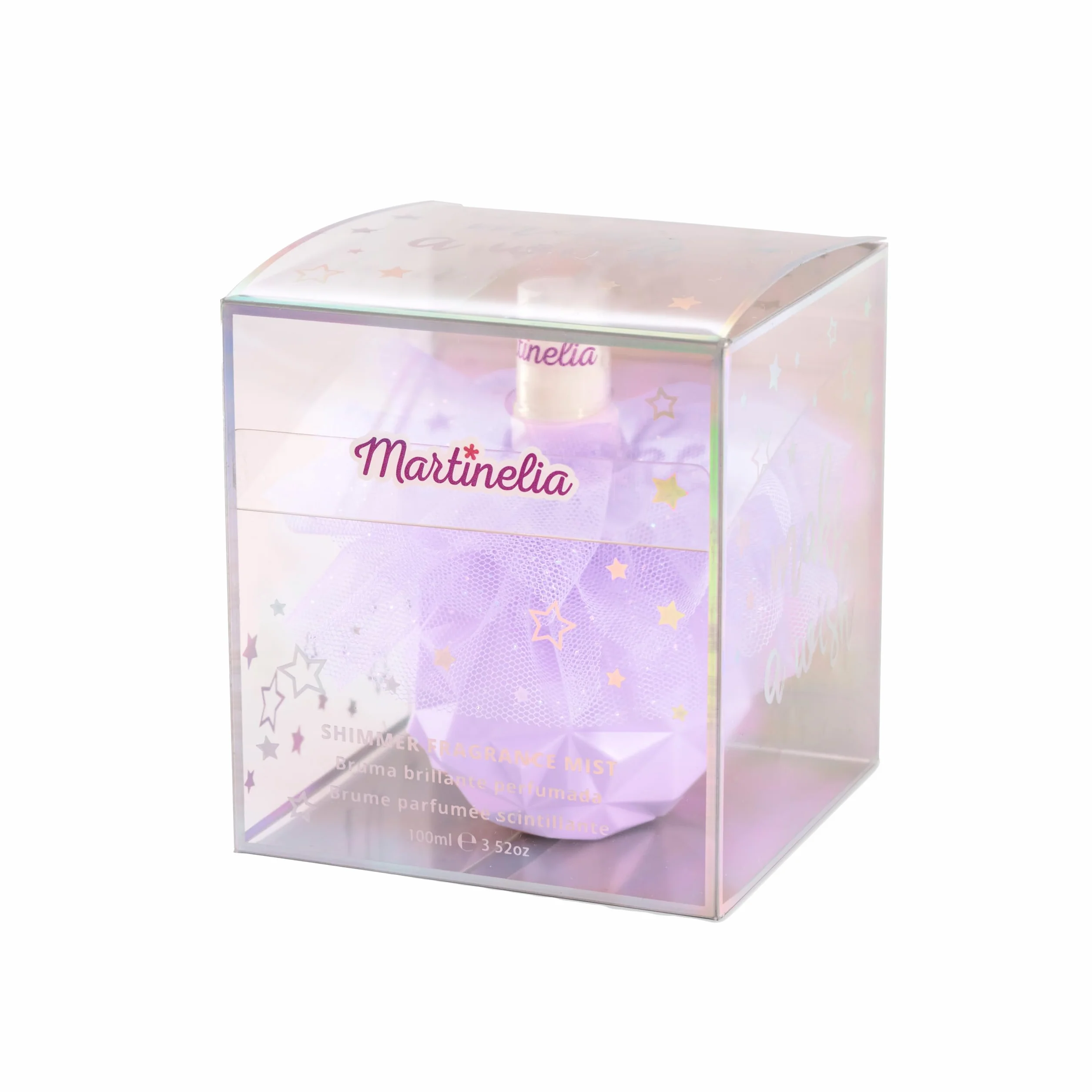 Martinelia Perfumowana mgiełka z brokatem, 100 ml, perfumy dla dzieci i dziewczynek, słodka mgiełka dla skóry perfumowanej, piękna fioletowa butelka z rozpylaczem z tiulem