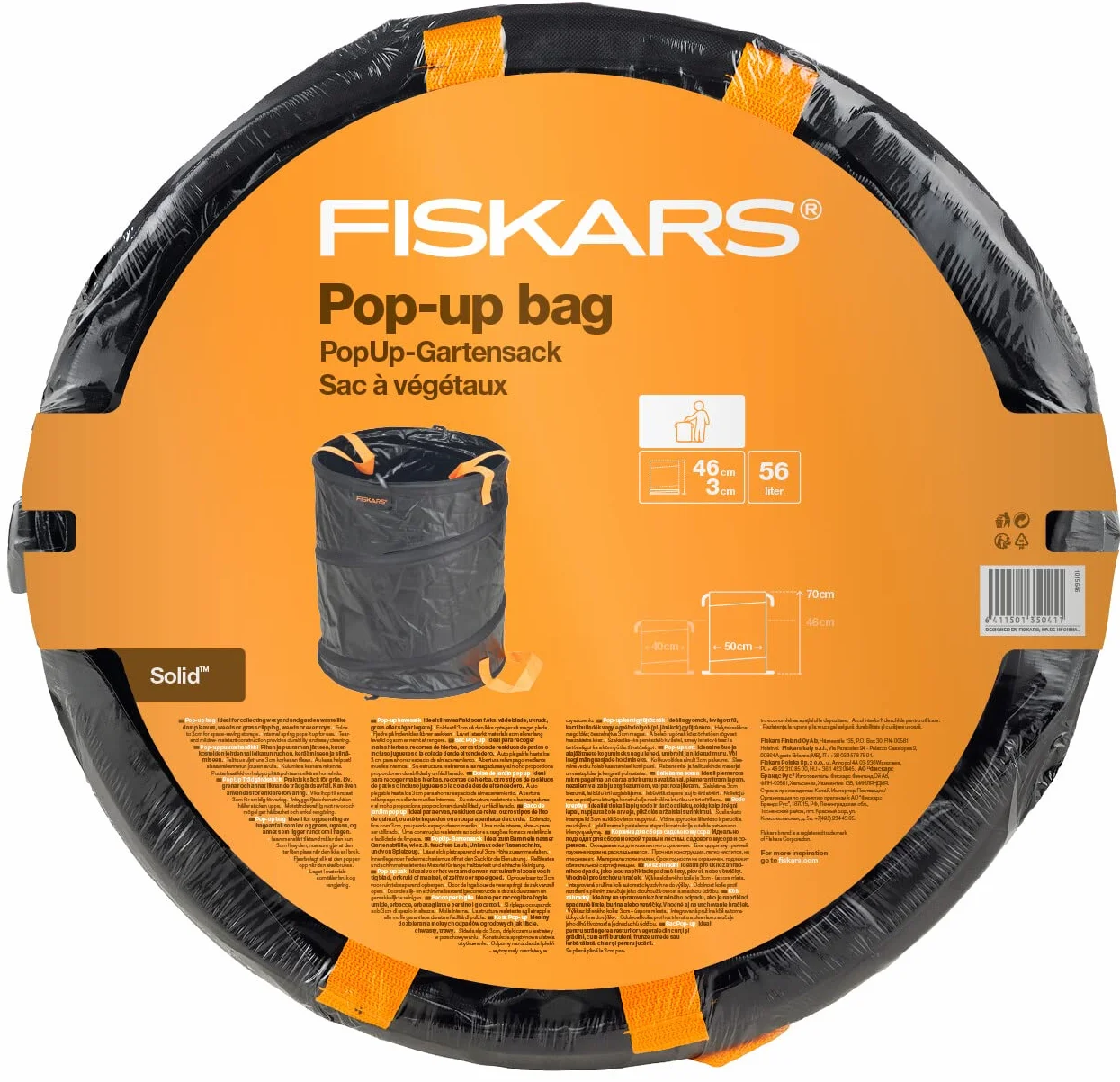 Fiskars Kosz ogrodowy PopUp z trzonkami, Pojemność: 56 litrów, Czarno-pomarańczowy, Solid, 1015646
