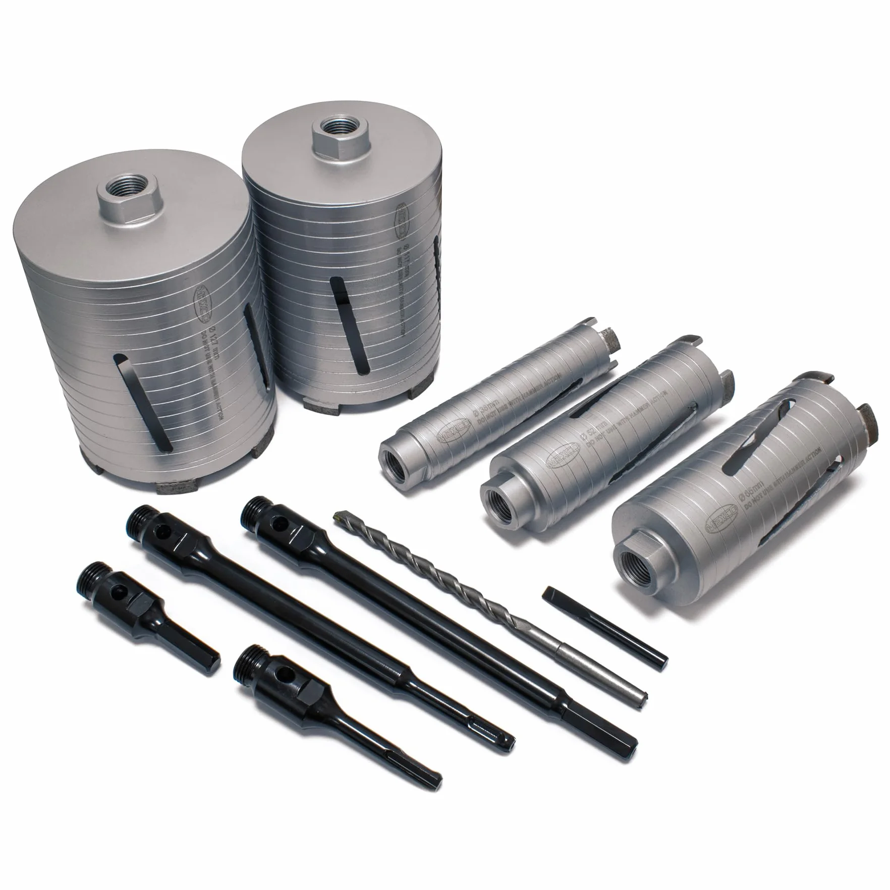 Wiertło rdzeniowe Mexco DCX90 z rowkiem, wysokowydajne, diamentowe, do wiercenia w materiałach murowych – 38 mm-127 mm, 11-częściowy zestaw z walizką