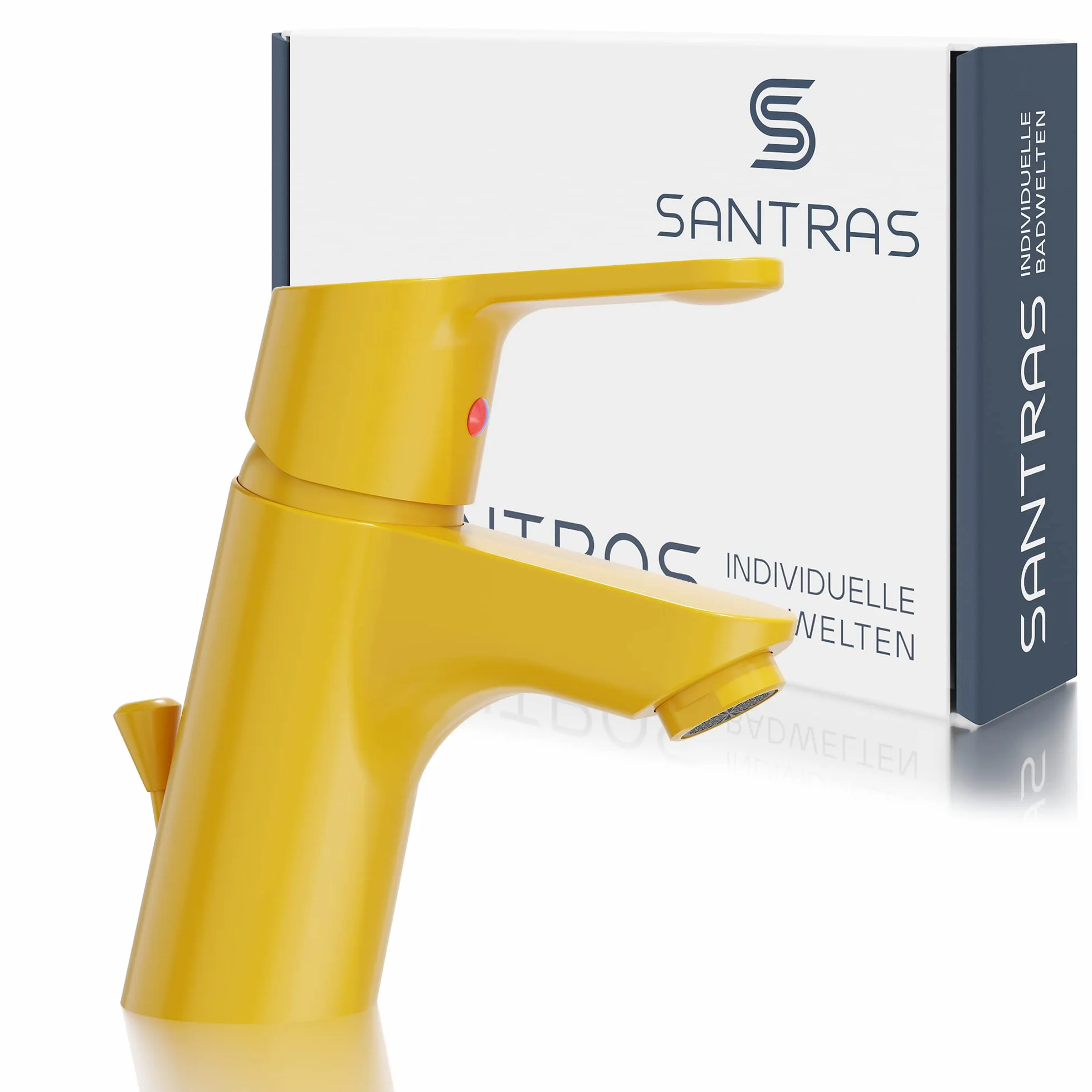 SANTRAS® Bateria umywalkowa do łazienki z wyciągiem w kolorze żółtym – jednouchwytowa bateria mieszająca ciepła zimna do jednego otworu, umywalka kran, Made in Germany