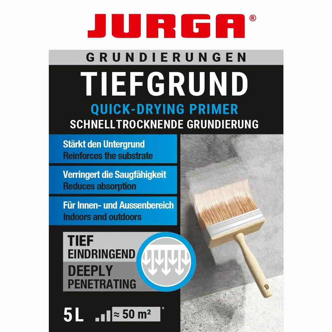 JURGA Tiefgrund Primer Plus 5l (≈50m²) Głęboko Penetrujący Grunt do Ścian i Podłóg, do Wnętrz i na Zewnątrz, 5L, Szybkoschnący
