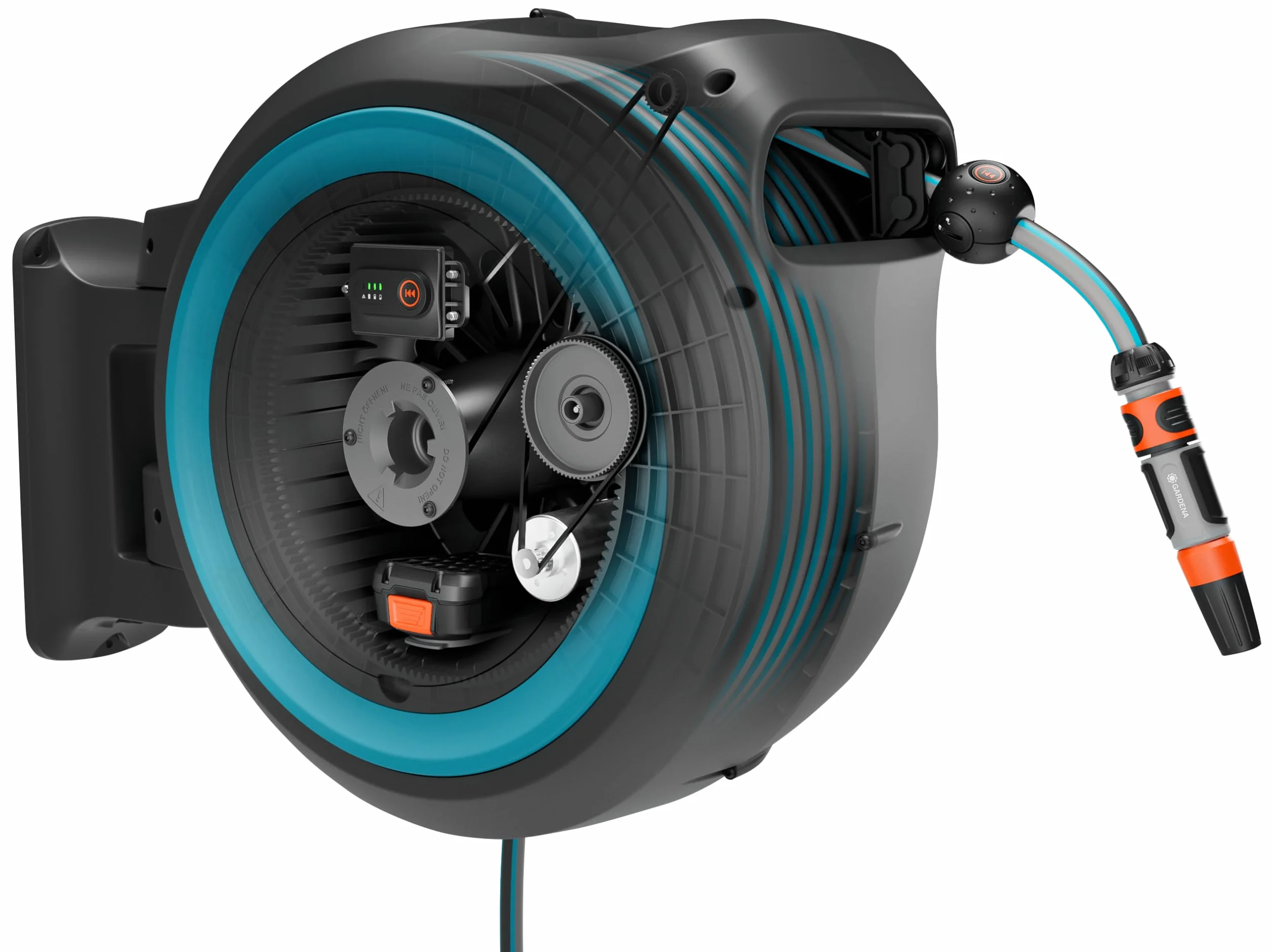 Gardena akumulatorowa skrzynka naścienna na wąż PowerRoll XXL solo – zwijacz węża z 40 m wężem, prowadnicą węża i systemem RollControl, zasilany bateryjnie, odporny na UV i mróz (18645-55)