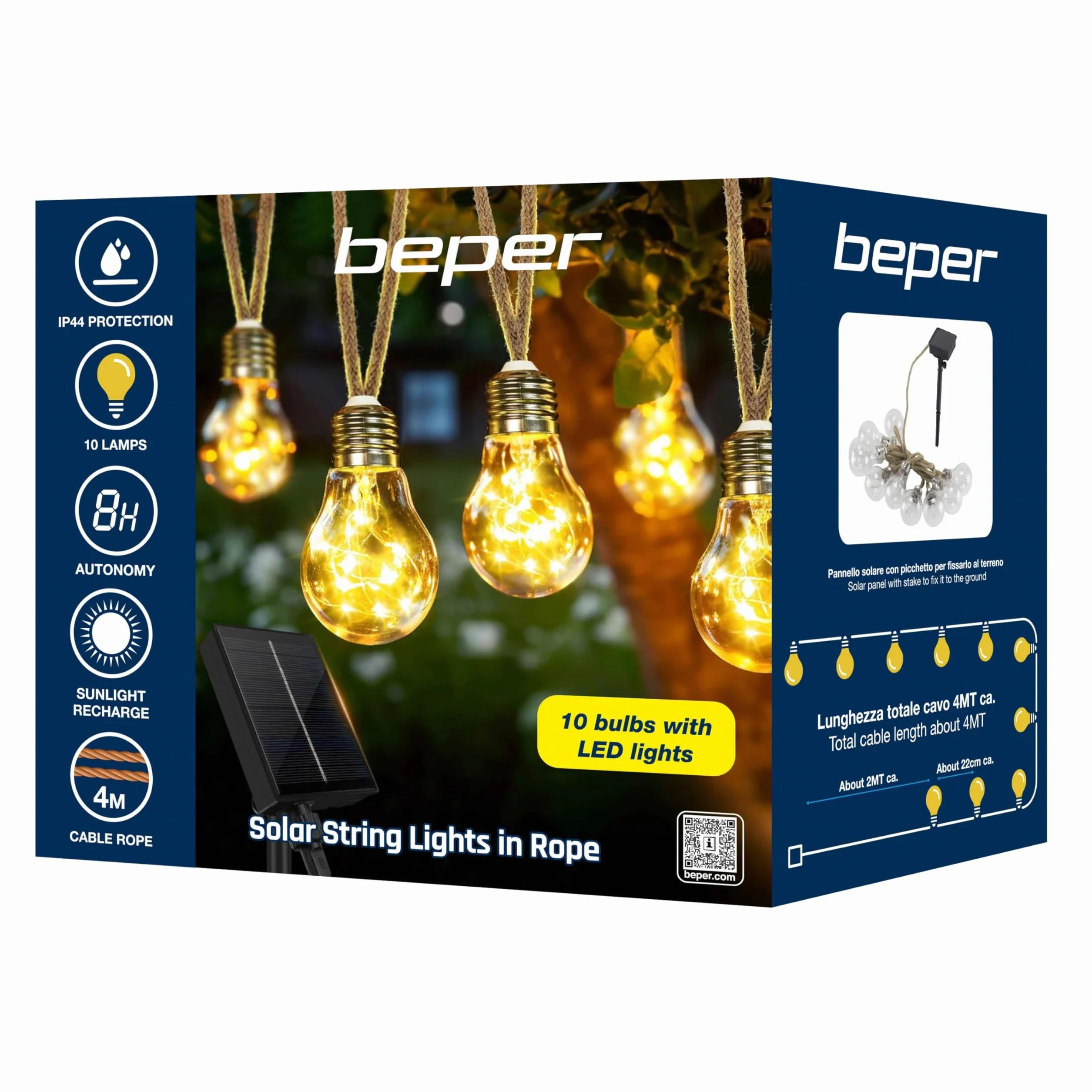 BEPER P207ILO500 Solarny łańcuch świetlny LED do ogrodu, 10 żarówek LED, kabel linowy, vintage, zintegrowany czujnik światła, 4 metra