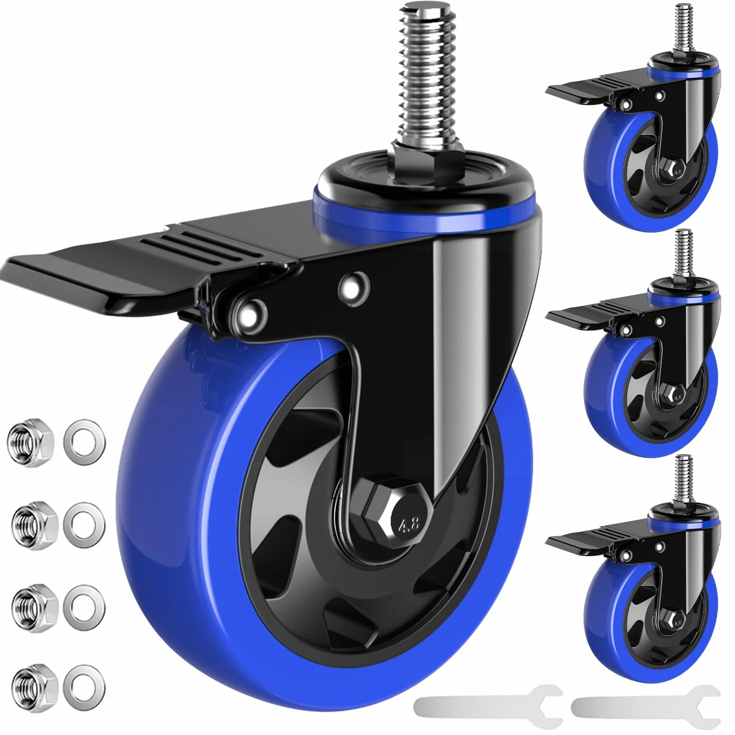 4-calowe kółka jezdne, wytrzymałe, 900 kg, kółka z gwintowanym trzpieniem 1/2"-13 x 1 (średnica trzpienia 1/2", długość trzpienia 1"), zestaw 4 kółek obrotowych z blokadą, przemysłowe kółka jezdne d