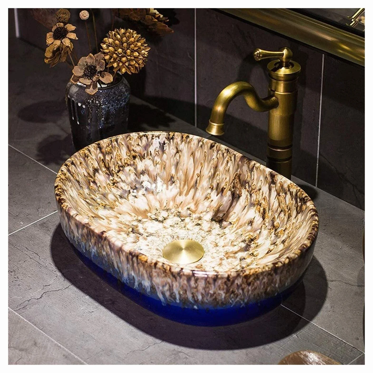 Szafka Pod Umywalkę Z Umywalką, Umywalka Nablatowa, Ceramiczna Umywalka Nablatowa, Owalna Miska Nablatowa, Ręcznie Malowana Umywalka Nablatowa