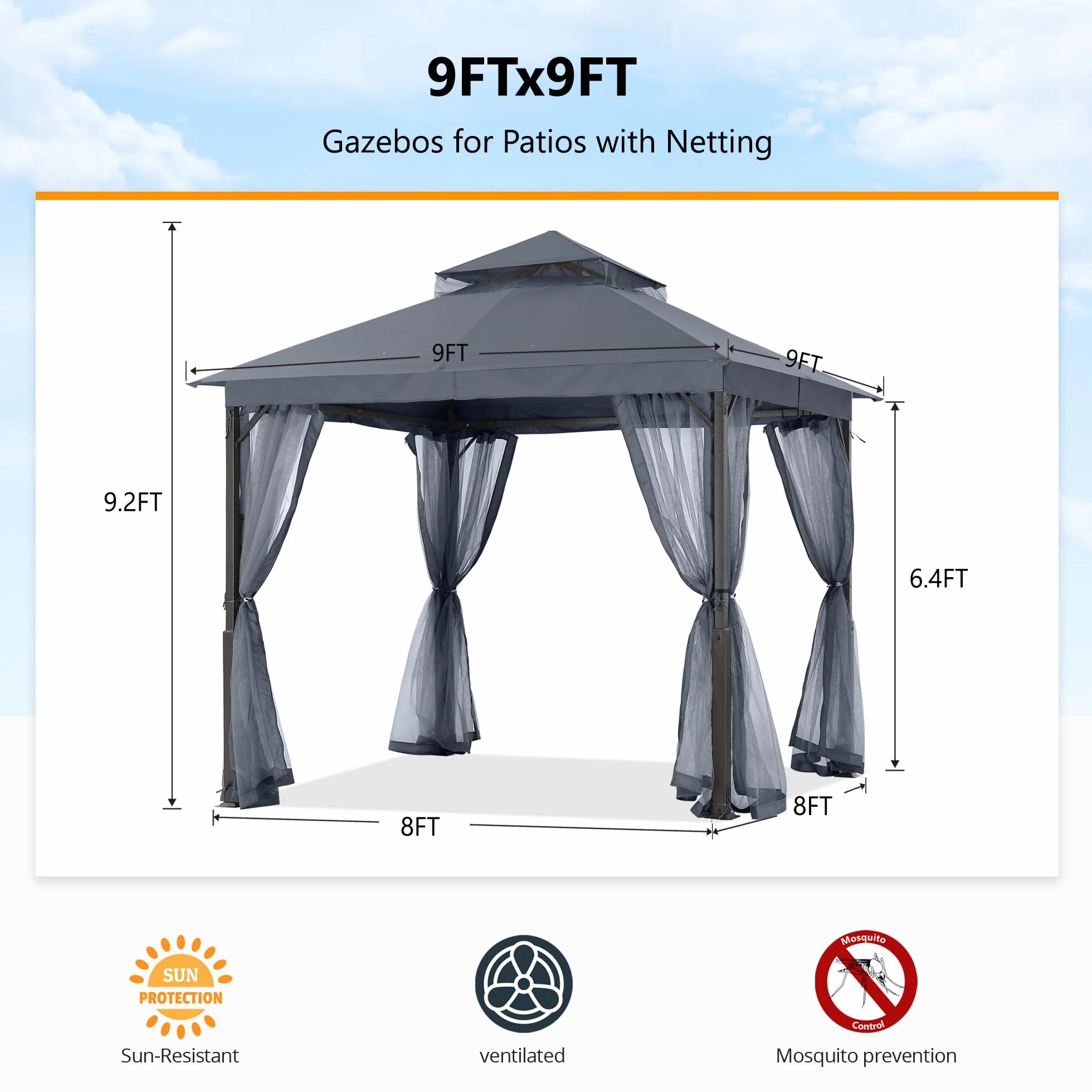 ABCCANOPY Pawilon ogrodowy 2,5 x 2,5 m z podwójnym dachem siatką cień deszcz szary