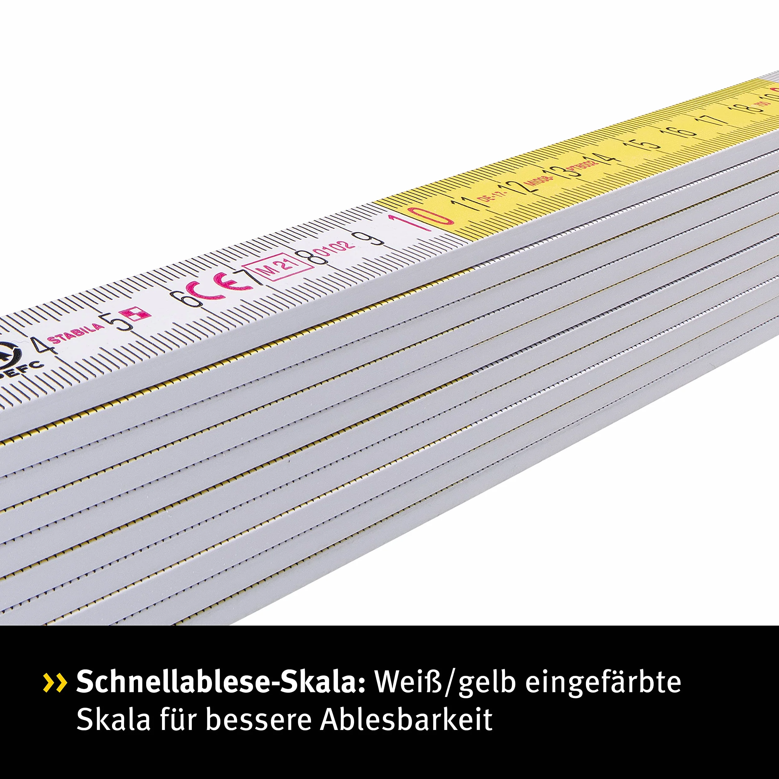 STABILA Typ składanej reguły 717, 2 m, biały, biały/żółty, metryczna waga szybkiego odczytu, funkcja kątowa, drewno z certyfikatem PEFC, złącza poliamidowe