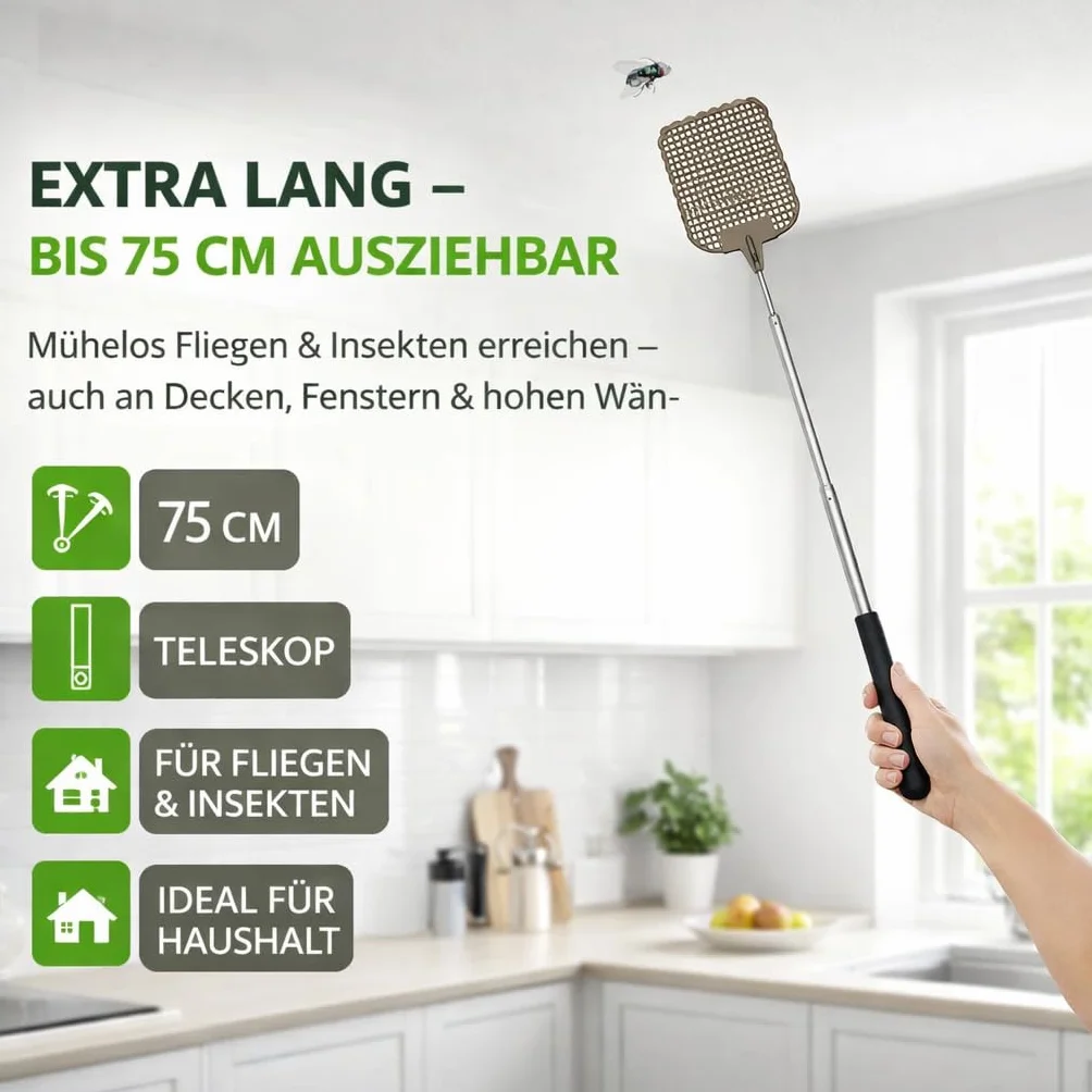 2x packi na muchy XXL 75 cm teleskopowe, wysuwane do zwalczania much, komarów i owadów