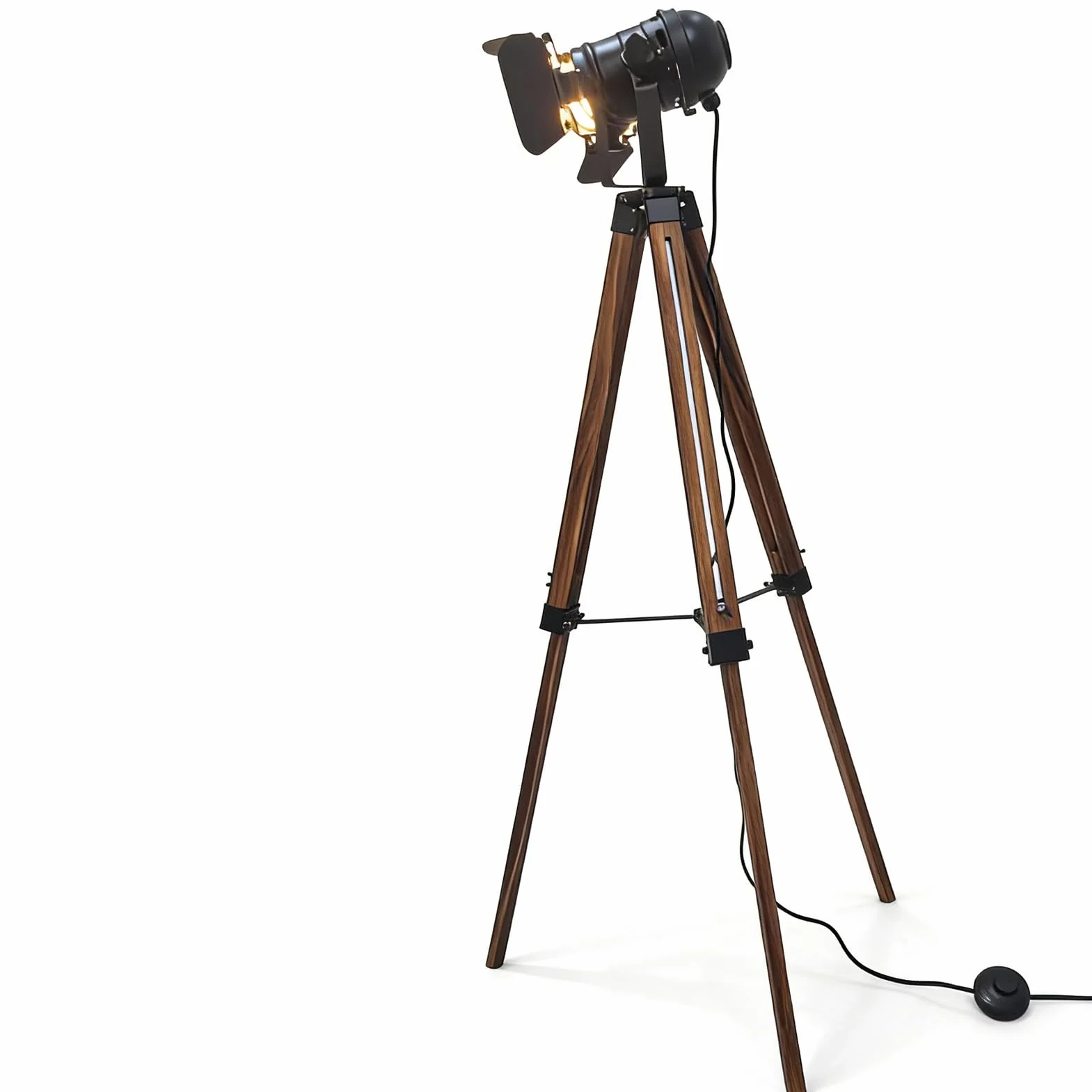 Przemysłowa lampa stojąca do salonu, odporna na warunki atmosferyczne, z drewna, duże oświetlenie, czarna, regulowana, kinowy, metalowy abażur, oświetlenie studyjne, oprawka E27, lampa stojąca