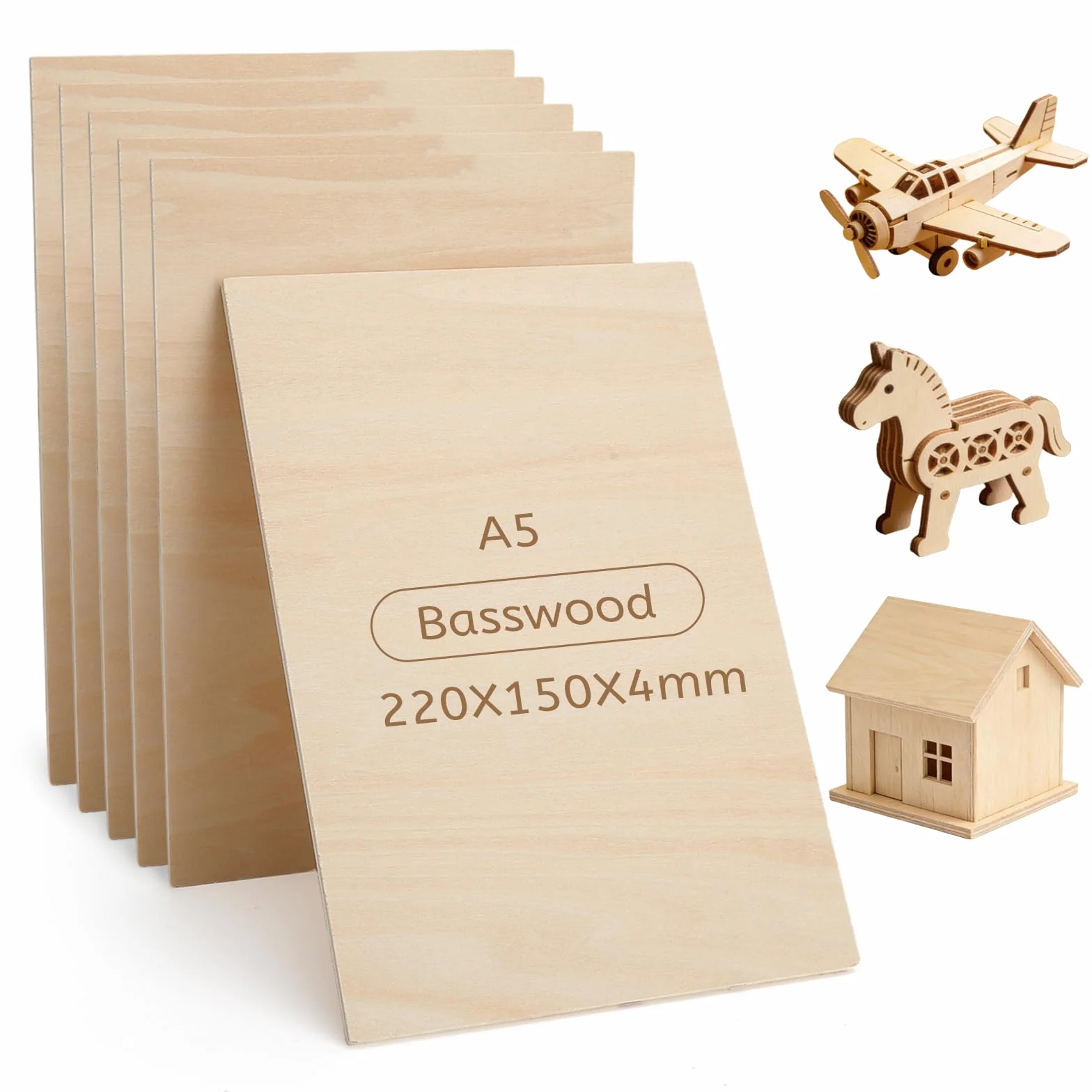 Płyty drewniane do majsterkowania, sklejka, 4 mm, laserowe malowanie, sklejka, format A5, drewno lipowe, zestaw 6 sztuk, dwustronne gładkie - do grawerowania, lasera, modelarstwa, drewna