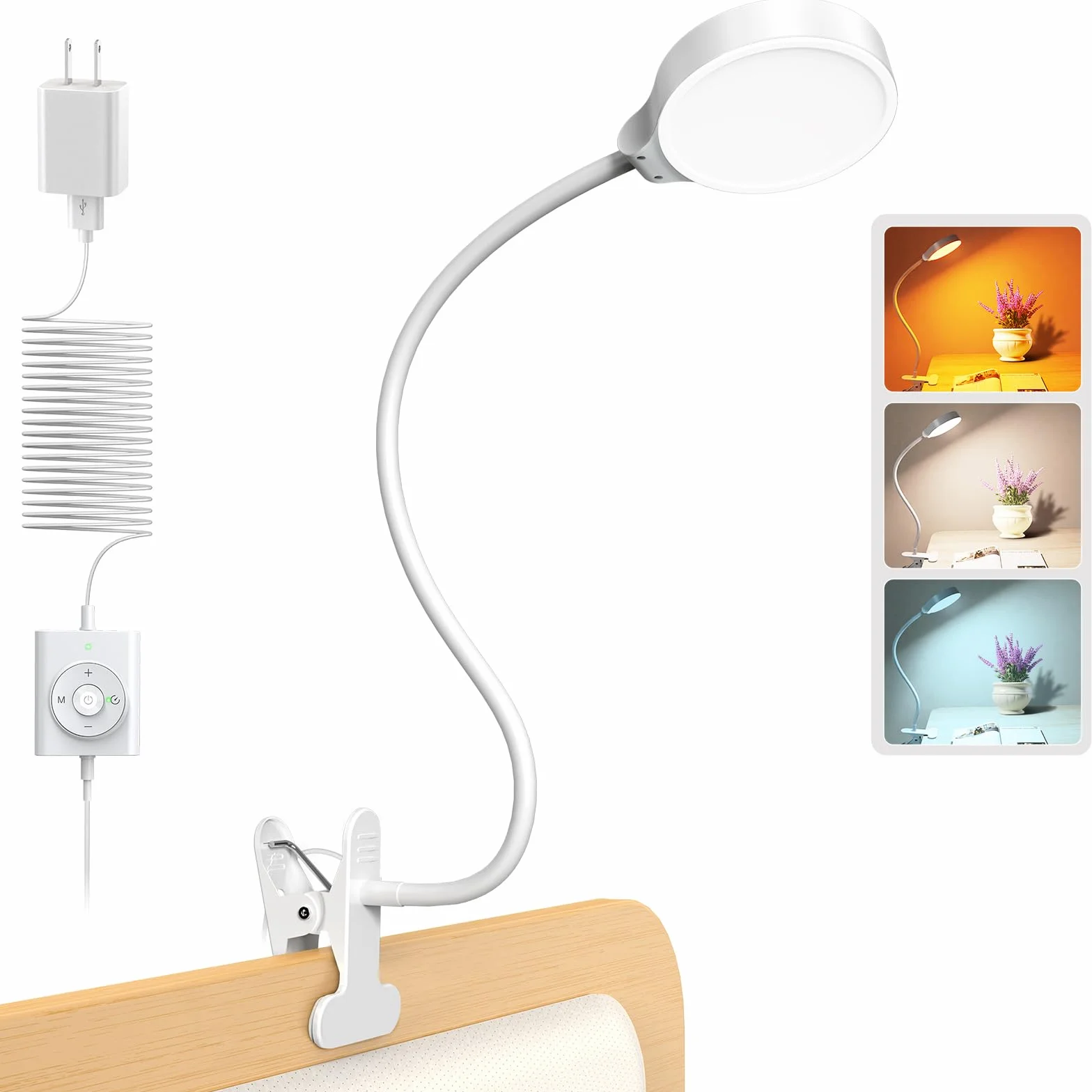 Glocusent Lampa biurkowa LED 5 W z 36 koralikami, łabędzia szyja lampa do łóżka dla 3 kolorów i 5 jasności, CRI 90, idealna lampa do czytania (biała z adapterem)