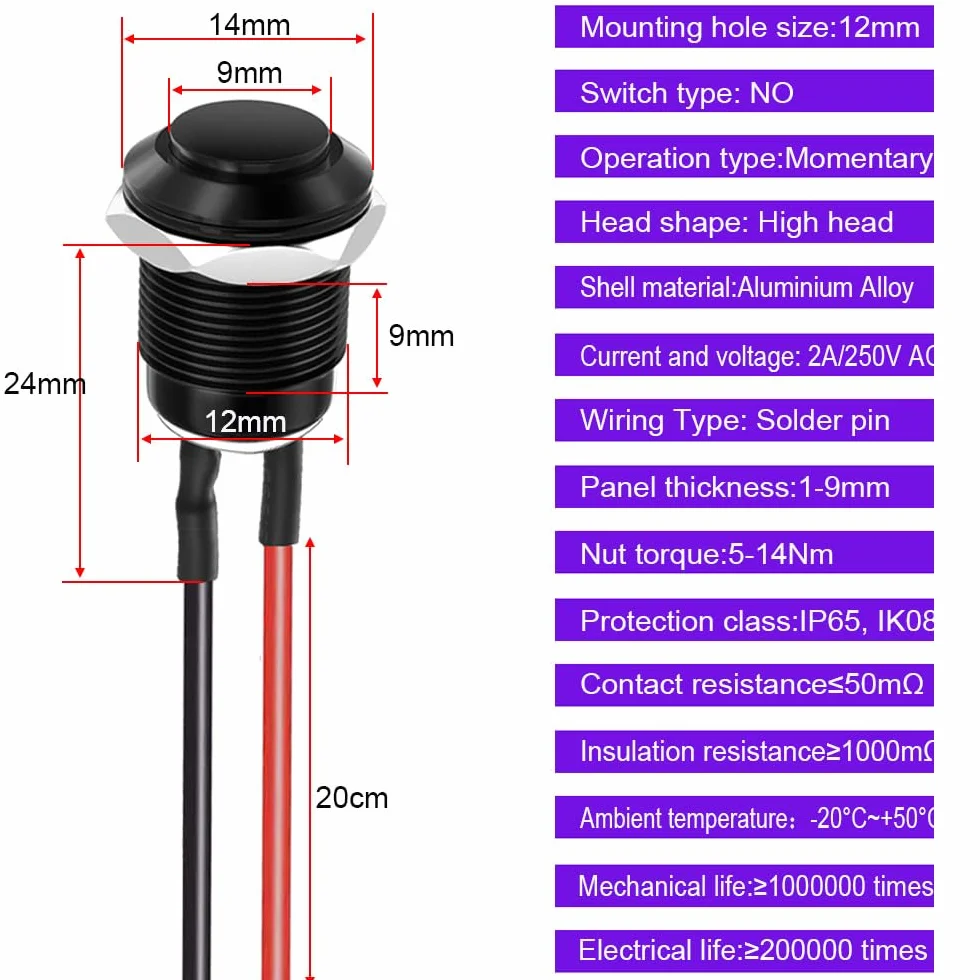 Gebildet 5 sztuk Wstępnie Okablowanych, Wodoszczelny Przycisk IP65, Przycisk Chwilowy ze Stopu Aluminium, wł./wył., 12mm, 2A, 12V/24V/125V/250V AC (wysoka głowica)