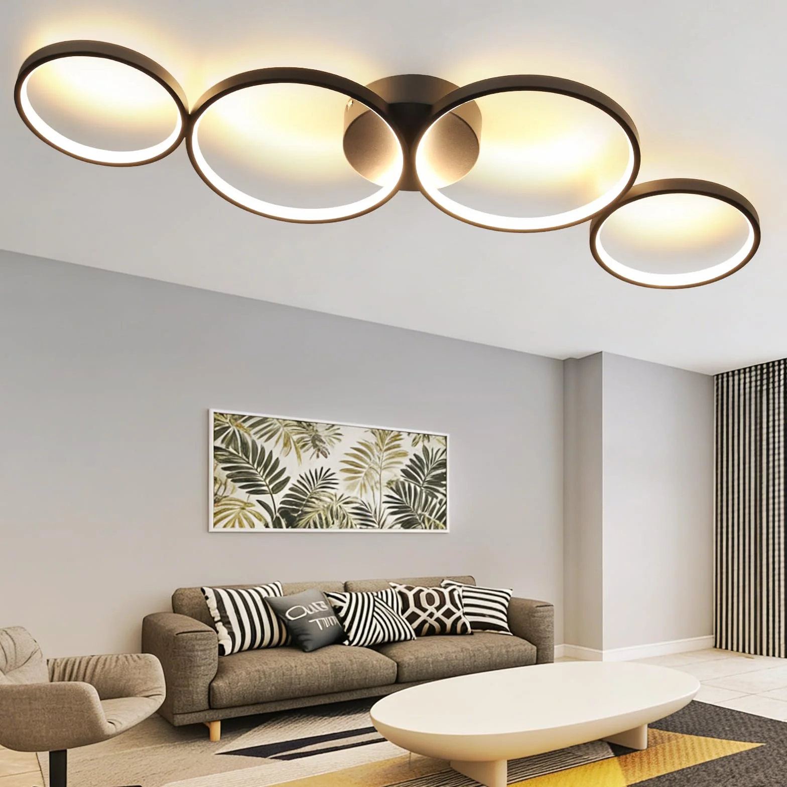 GBLY Lampa sufitowa LED nowoczesna 4 płomienie w optyce pierścieniowej | 3000k biała ciepła lampa sufitowa okrągła 37W wewnętrzna czarna lampa do salonu wykonana - salon przedpokój biuro gabinet