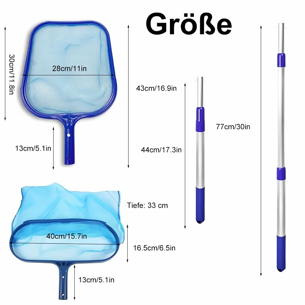 Voarge Zestaw siatek basenowych, drążek teleskopowy + 34 cm głębokości, podbierak do stawu, z drążkiem teleskopowym i gumową rękawicą, do basenu, stawu, spa, akwarium, brodzika, jacuzzi