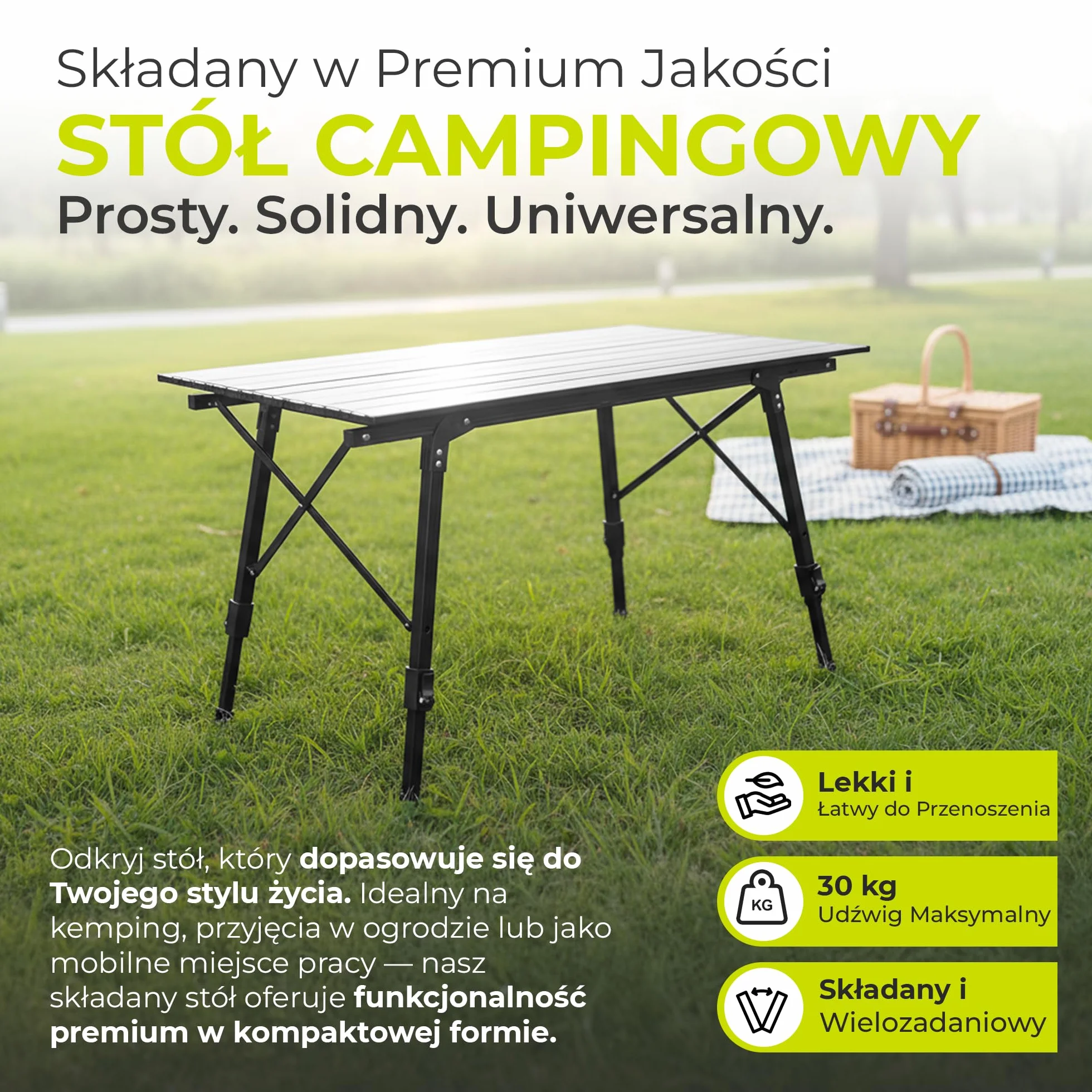 Składany stół kempingowy z regulacją wysokości 90x51 cm 30 kg