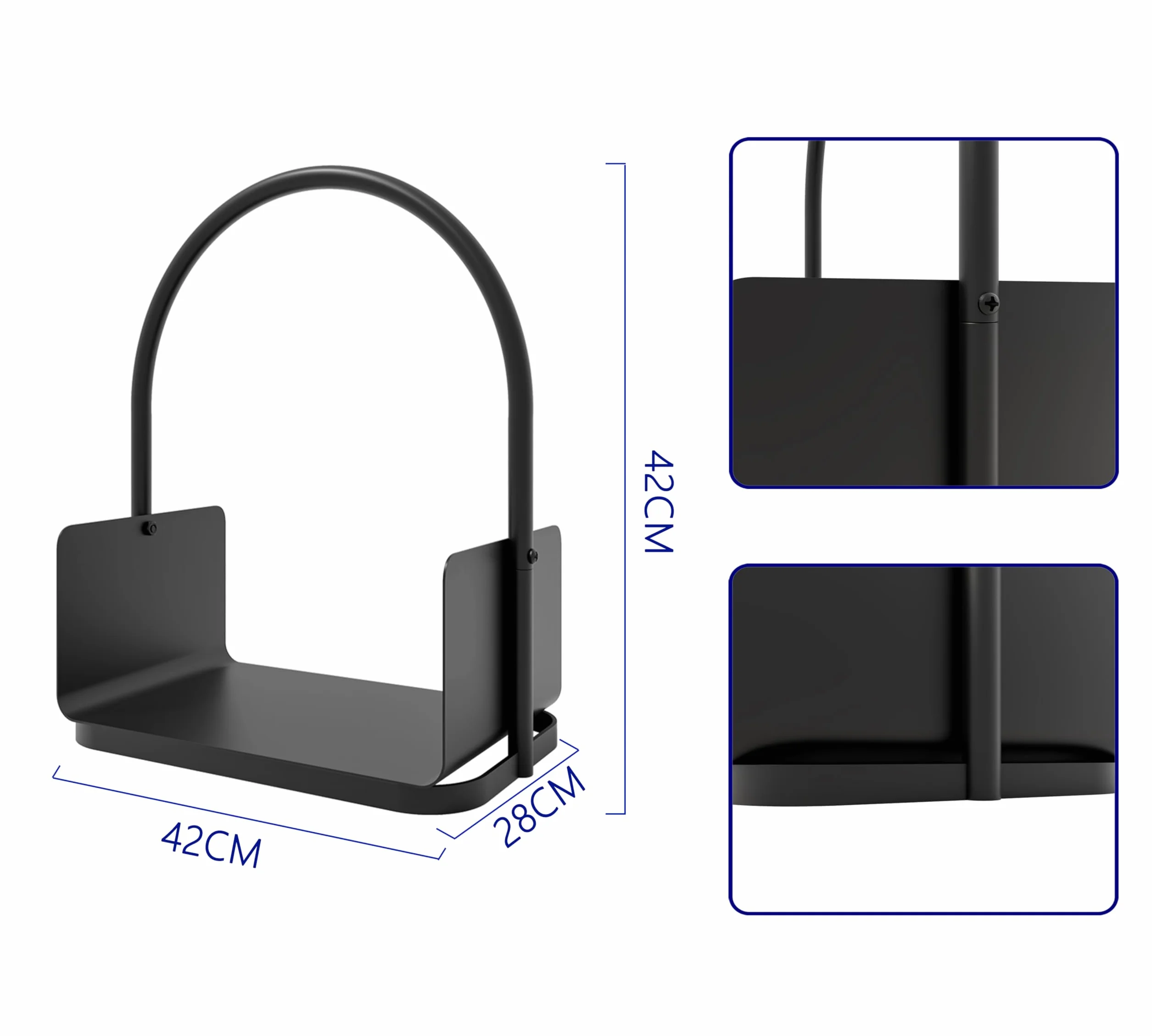 Kingson Kosz na drewno opałowe – Czarny stalowy nośnik polan z powłoką proszkową z uchwytem i podwyższoną krawędzią – 42x28x42cm – Stojak do przechowywania drewna kominkowego do wnętrz i na zewnątrz