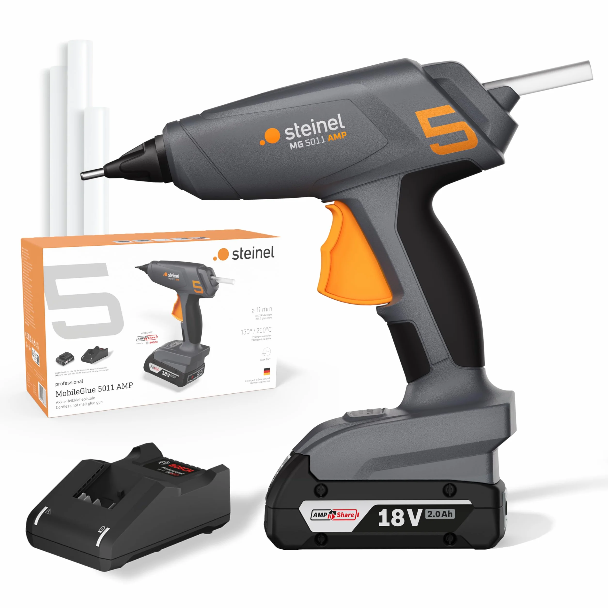Steinel Pistolet do kleju akumulatorowy PRO MobileGlue 5011 AMP | wraz z akumulatorem 2,0 Ah 18 V Bosch AMPShare, 3 sztyfty kleju, 130°/200°C