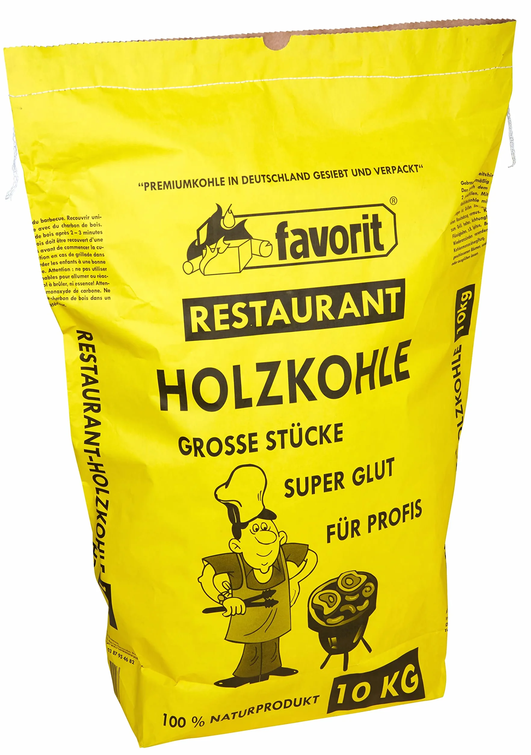 Favorit Węgiel drzewny do grilla, 10 kg (z czystego drewna liściastego, bardzo duża ziarnistość, długotrwały żar, węgiel do grillowania w jakości restauracyjnej)