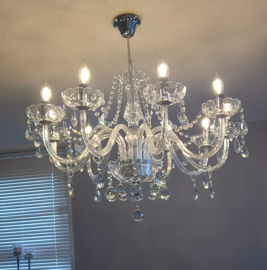 Nowoczesny kryształowy żyrandol z 10 lampkami, przezroczyste szkło kryształowe K9, elegancka lampa wisząca do jadalni, salonu, foyer, salonu, średnica 80 cm, wysokość 60 cm, łańcuch 60 cm