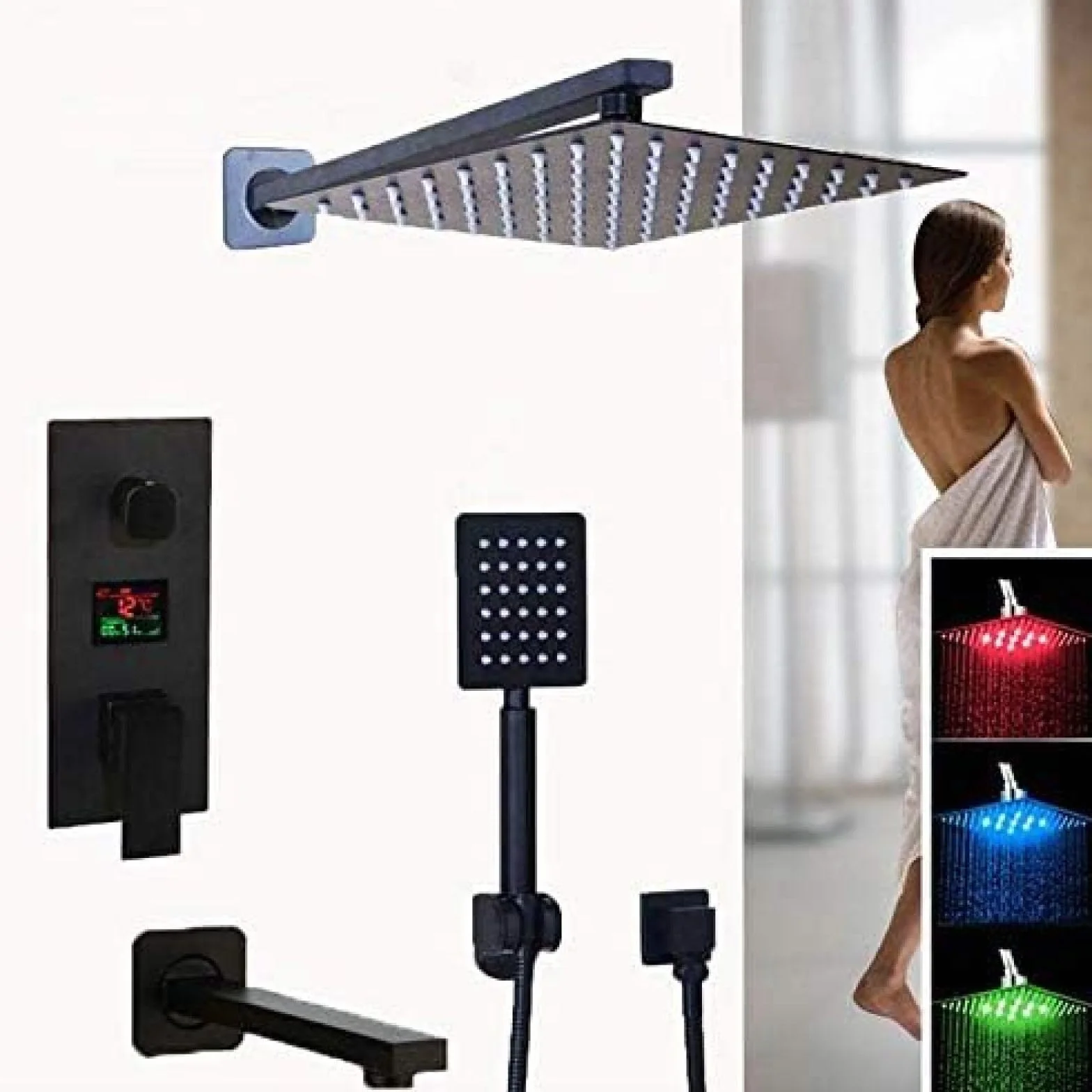 Cyfrowa Bateria Prysznicowa Z Wyświetlaczem LED, 3-funkcyjna Mieszająca Czarnego Mosiądzu Deszczownicą I Prysznicem Ręcznym (konfiguracje 10"/16")(10 Inch Full Set)