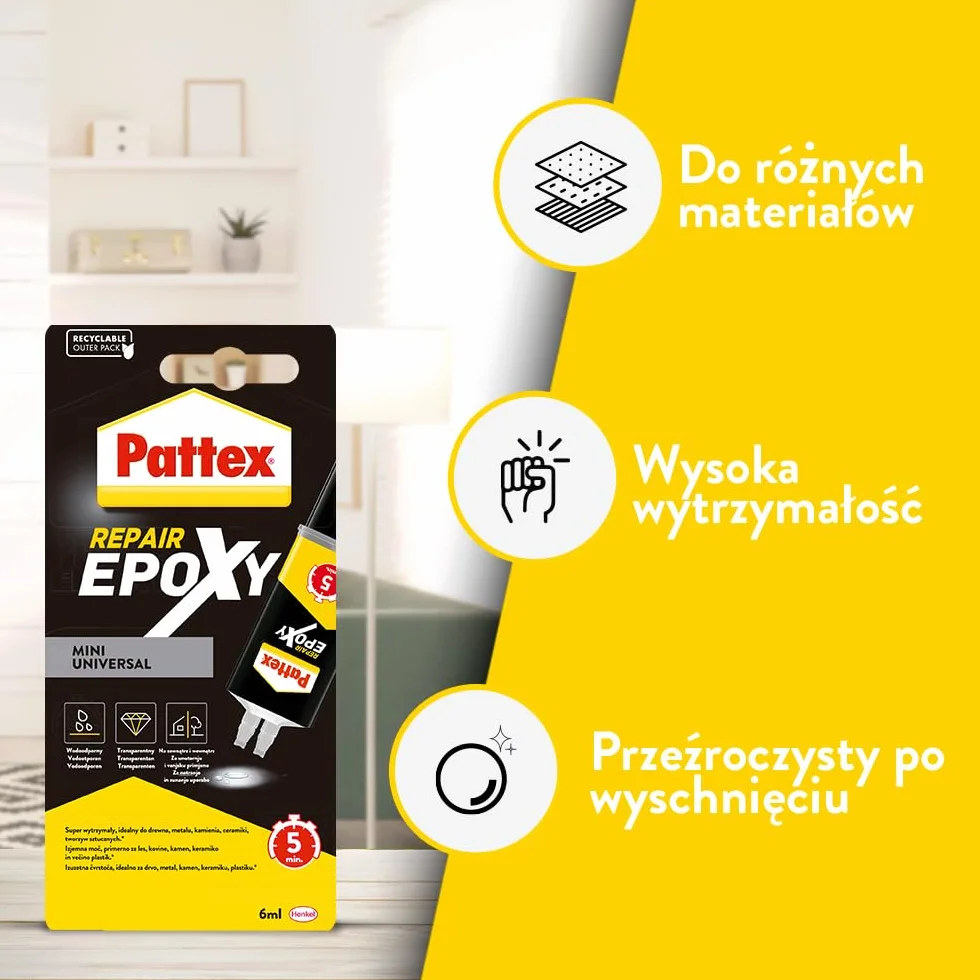 Pattex Repair Epoxy Mini Universal 5 min, mocny klej epoksydowy, bezbarwny, szybkowiążący, uniwersalny do naprawiania, klejenia i montażu, strzykawka 1x6g