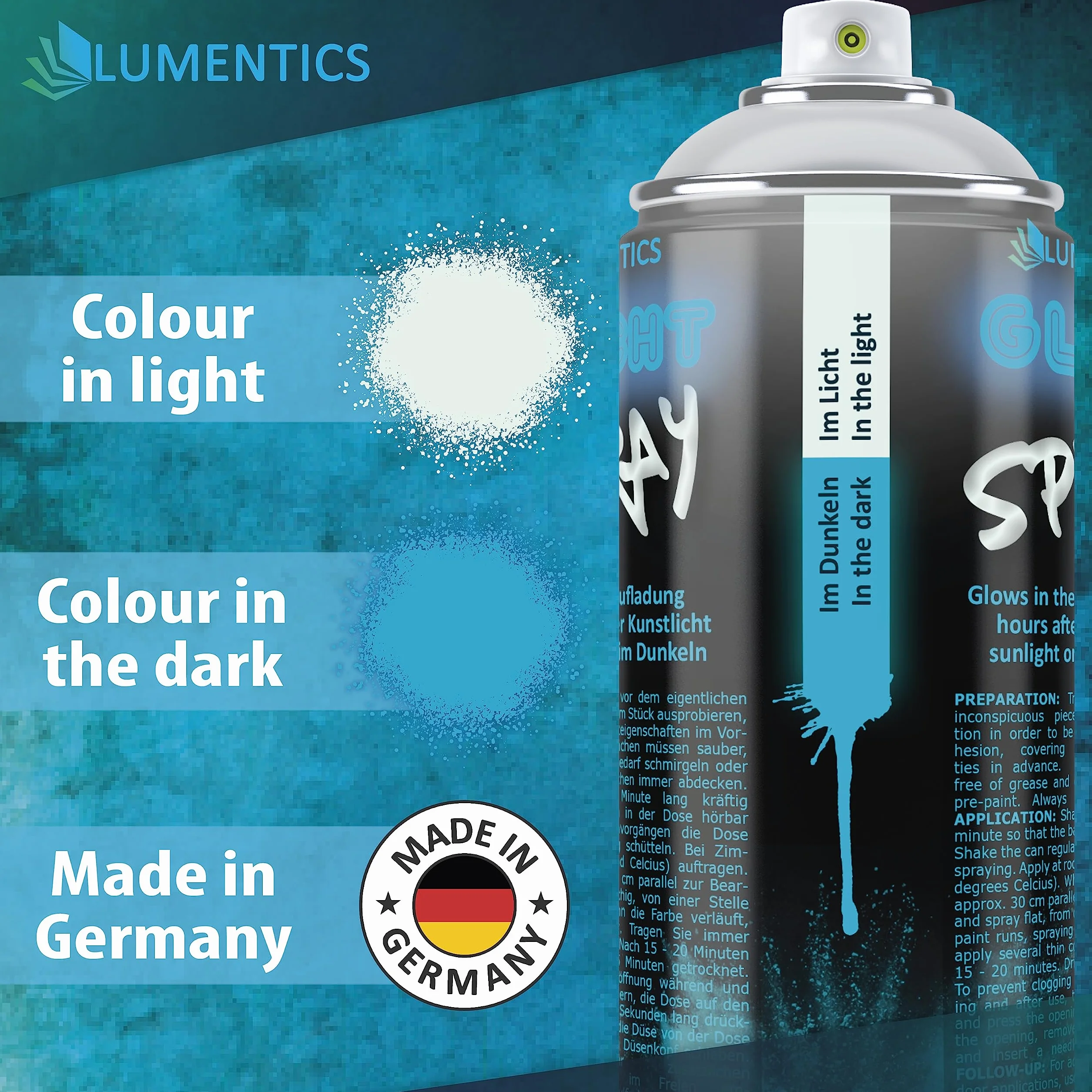 LUMENTICS Świecący spray naturalny niebieski – świecący w ciemności – Made in Germany – puszka sprayu 400 ml z dodatkową nasadką