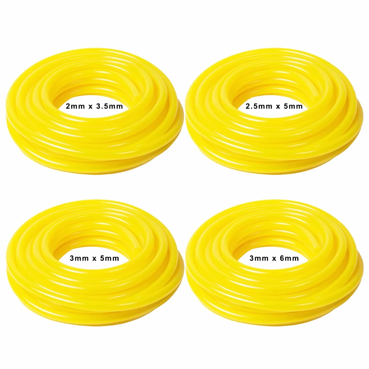 Zestaw 4 węży paliwowych PVC Długość 1,5 m Wymiary (średnica wewnętrzna x średnica zewnętrzna) 2,5 x 5 mm, 3 x 5 mm, 2 x 3,5 mm, 3 x 6 mm