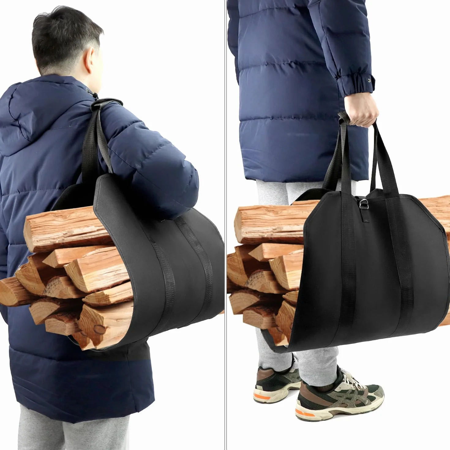 QWORK® Torba na drewno opałowe, bagażnik na drewno kominkowe, 100 x 46 cm, torba do przenoszenia drewna opałowego, do użytku na zewnątrz, czarna