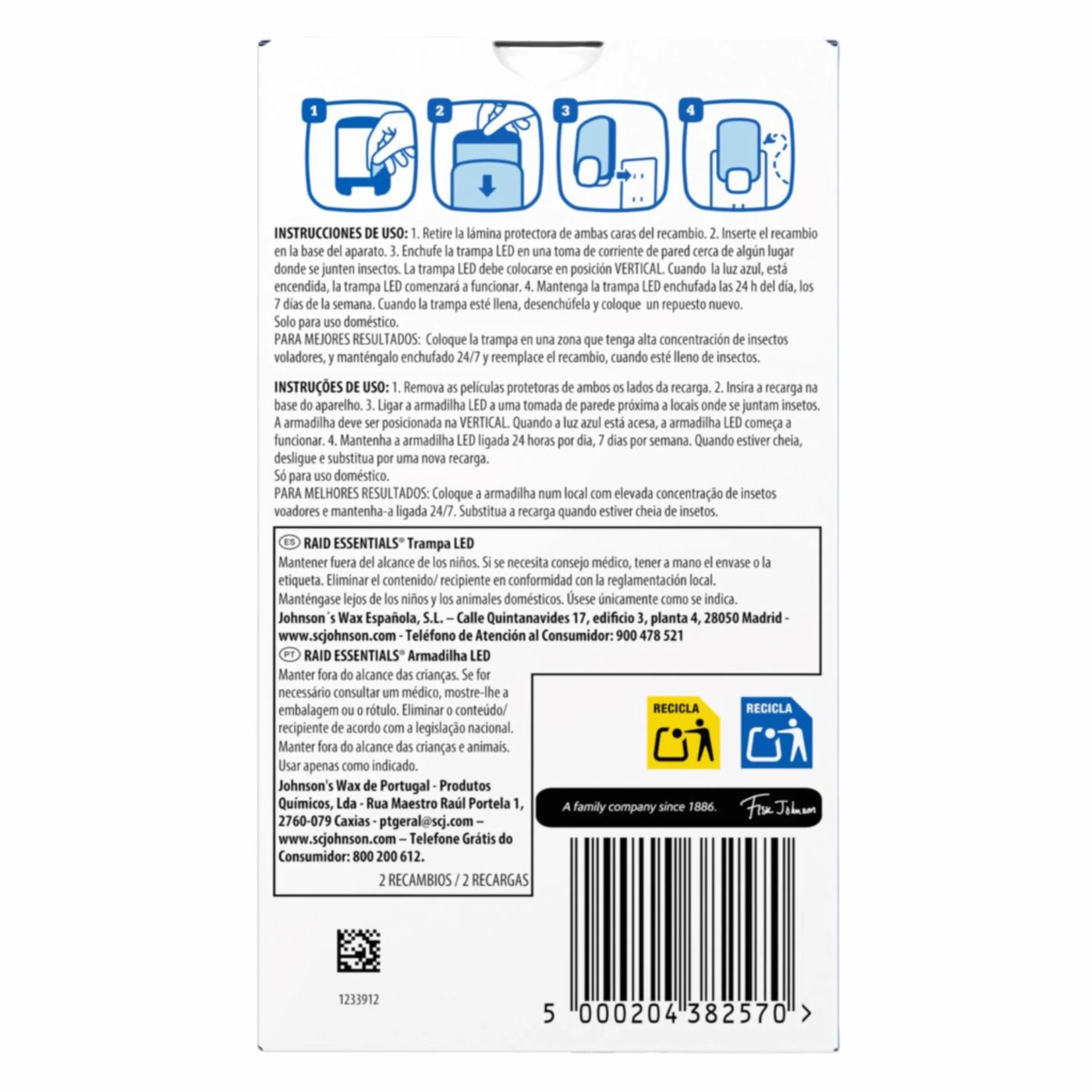 Raid Essentials 2 x zamiennik pułapki LED na muchy, muchy owocowe i mole, ochrona 24/7