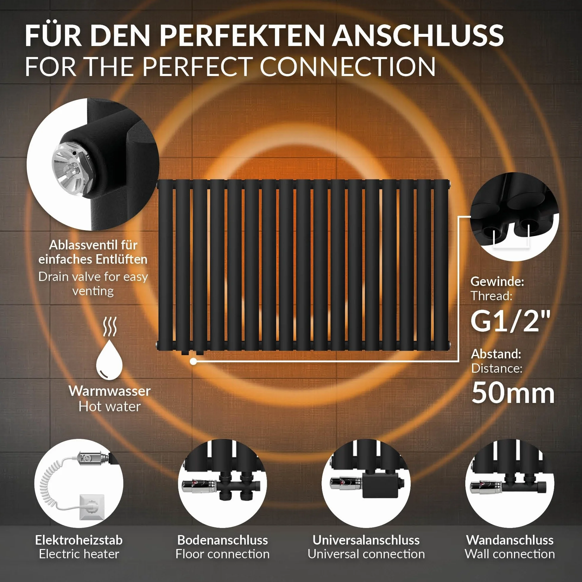 LuxeBath Grzejnik Panelowy Podwójny 600x1020mm Czarny Matowy Poziomy Grzejnik Owalne Rury Grzejnik Łazienkowy Wejście Boczne Salon/Łazienka Ogrzewanie Projekt Grzejnik Rury Grzejnik