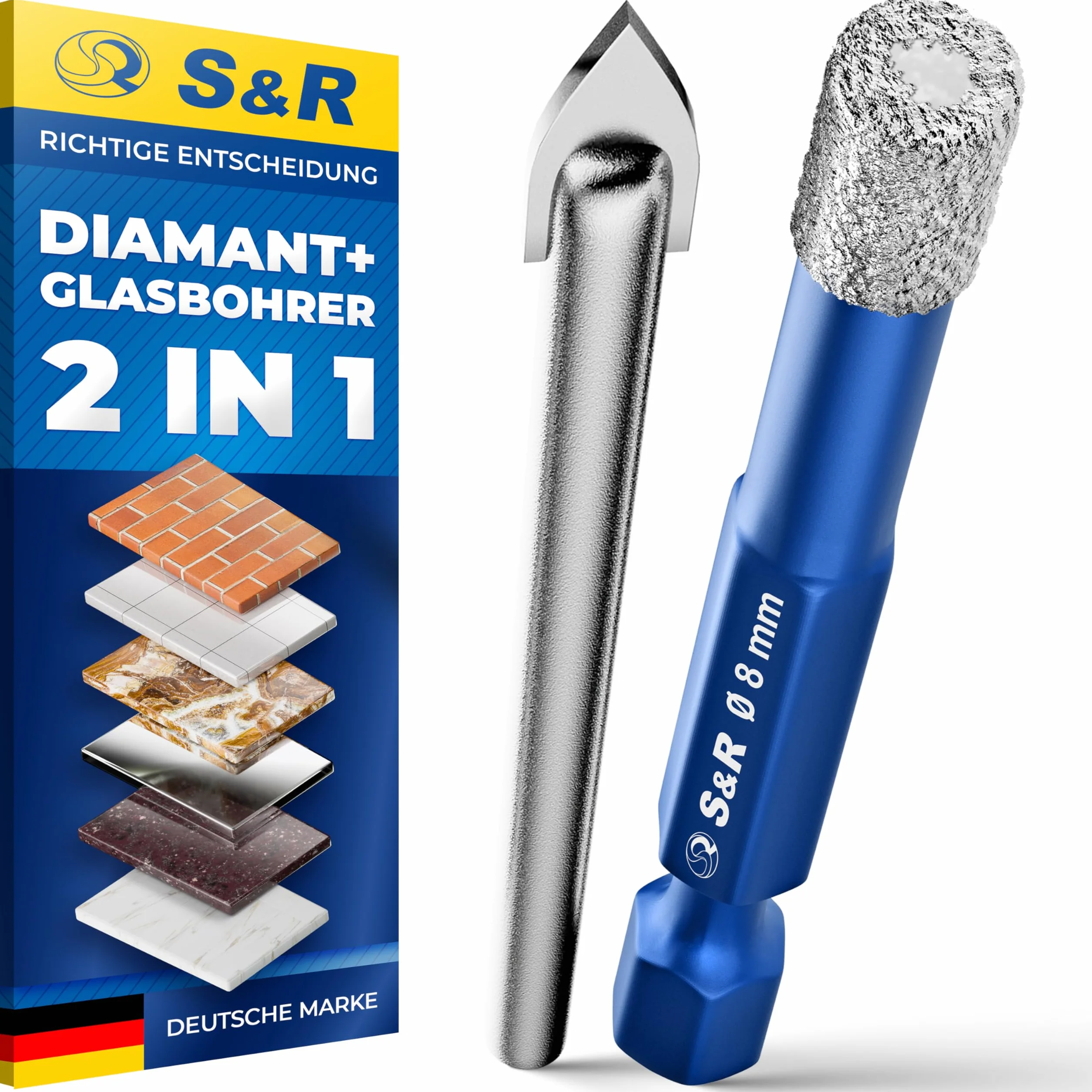 S&R Profesjonalny 2-częściowy zestaw wierteł diamentowych 8 mm, diamentowe wiertła do płytek i wiertła do szkła karbidowego, do twardej ceramiki, granitu, szkła, porcelany, płytek, gresu porcelanowego