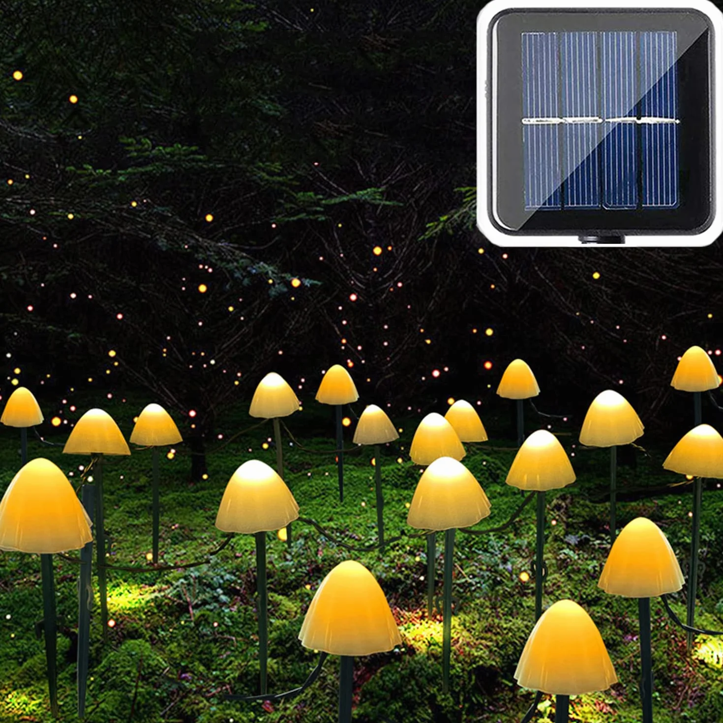 Solarna lampa ogrodowa z 20 diodami LED, z grzybami do użytku na zewnątrz, 5 m, 8 trybów pracy, wodoszczelna, dekoracja na podwórko, chodnik, drogę, wesele, imprezę, choinkę, urodziny, ciepła biel
