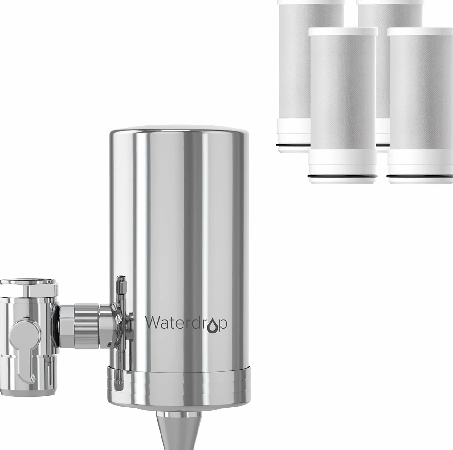 Waterdrop WD-FC-06 Ze Stali Nierdzewnej Filtr do Kranu,System Filtracji Wody z Blokiem Węglowym,Filtr do Wody z Kranu,Oczyszczacz do Kuchni,Redukuje Chlor,Zapach i Nieprzyjemny Smak(Zawiera 4 Filtry)